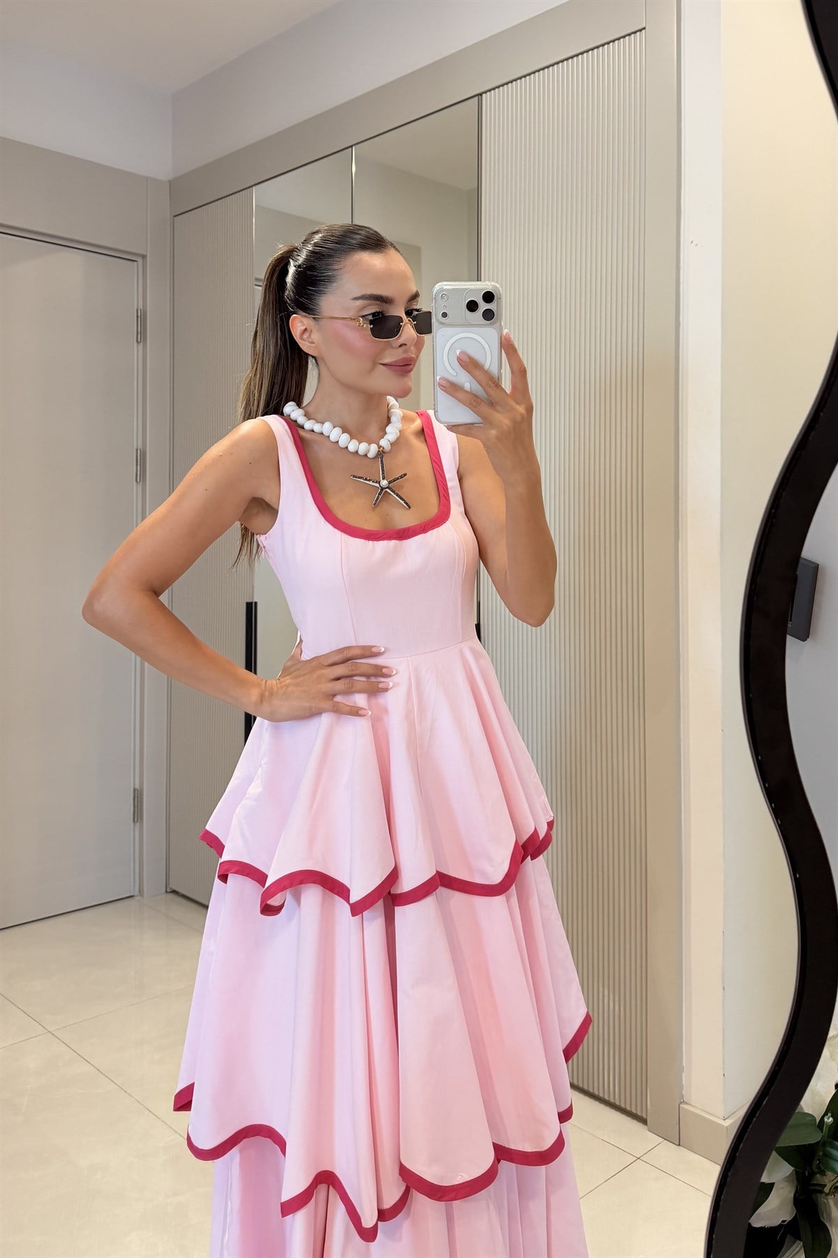 Positano Pembe Tasarım Premium  Kat Kat Elbise