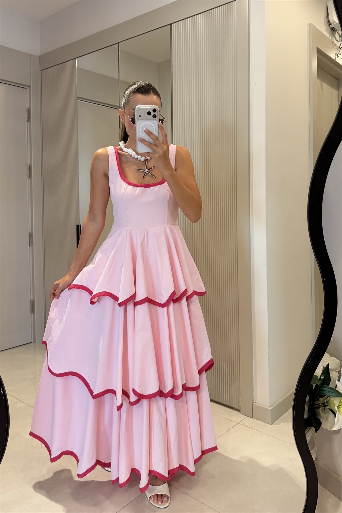 Positano Pembe Tasarım Premium  Kat Kat Elbise