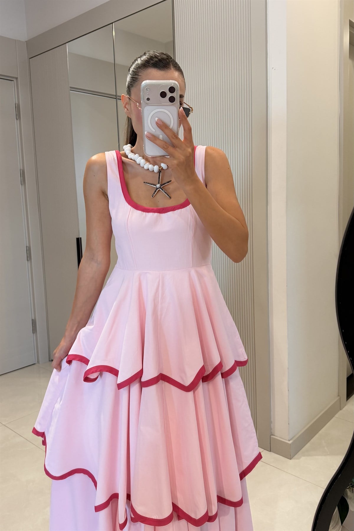 Positano Pembe Tasarım Premium  Kat Kat Elbise