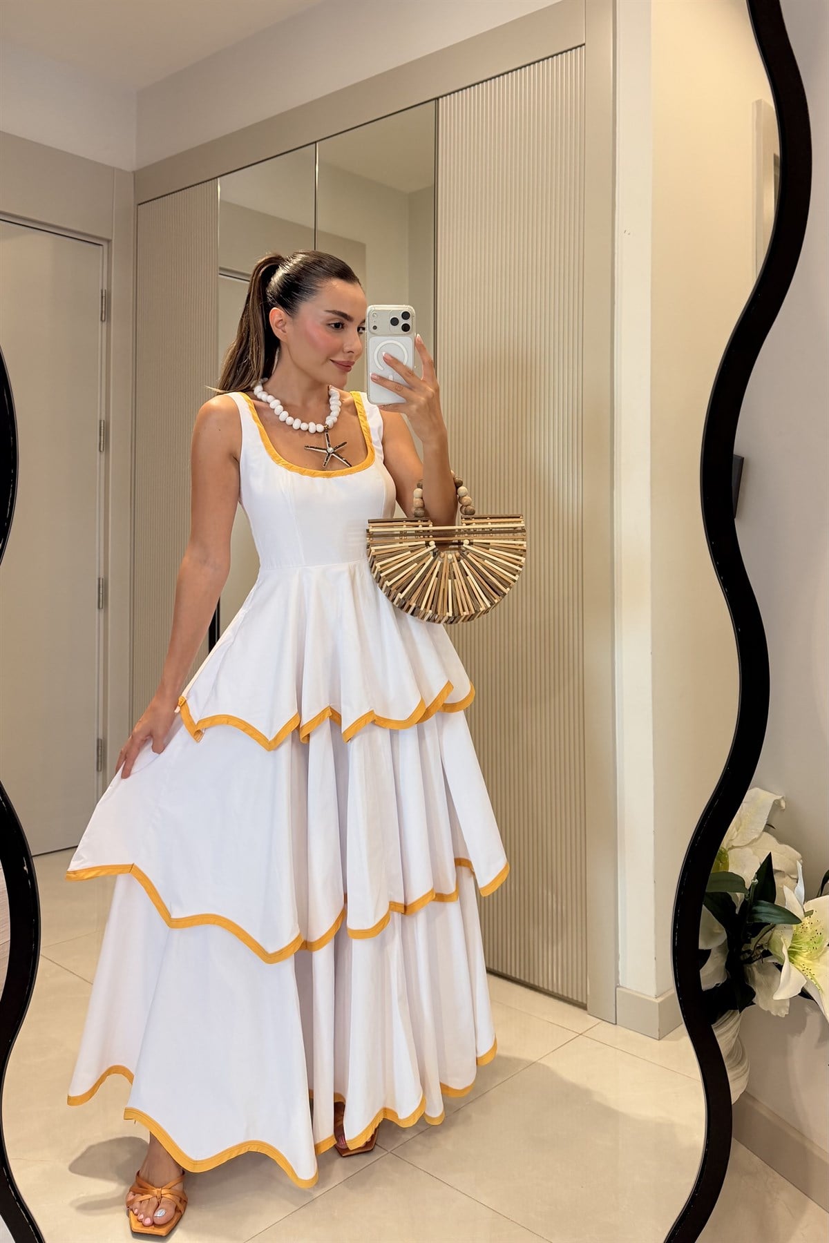 Positano Sarı Tasarım Premium  Kat Kat Elbise