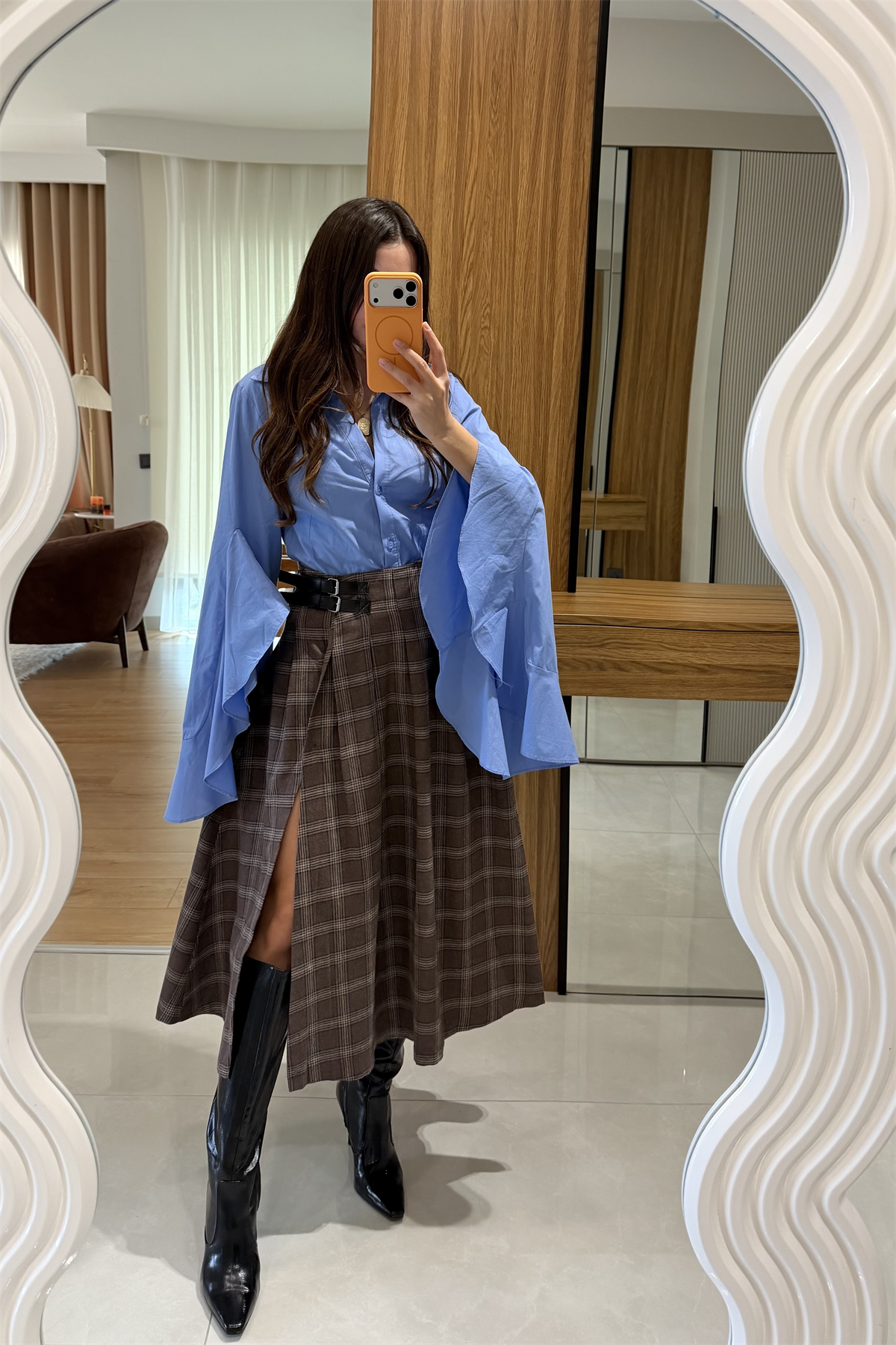 Pottery Kahve Ekoseli Kemer Detay Etek