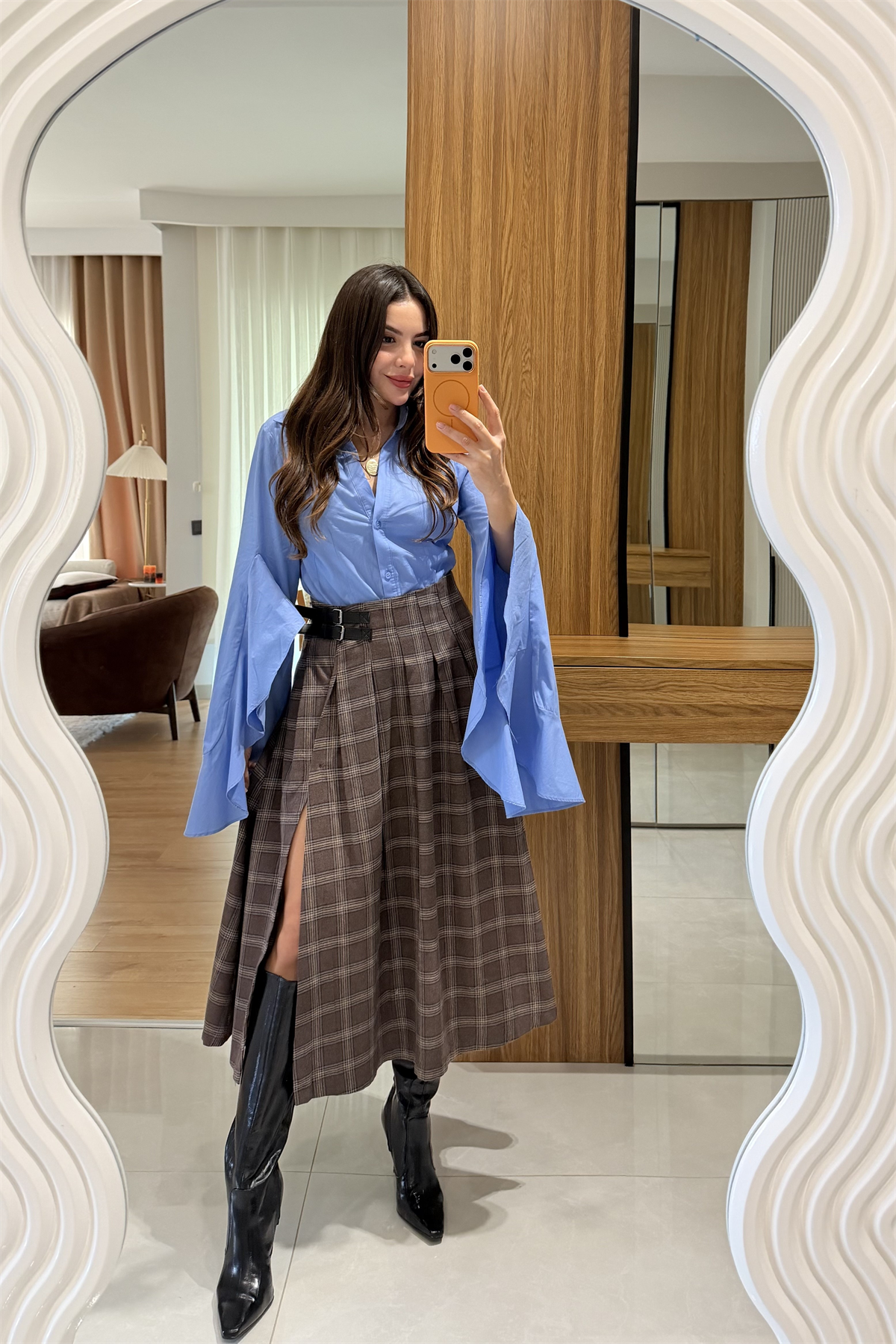 Pottery Kahve Ekoseli Kemer Detay Etek