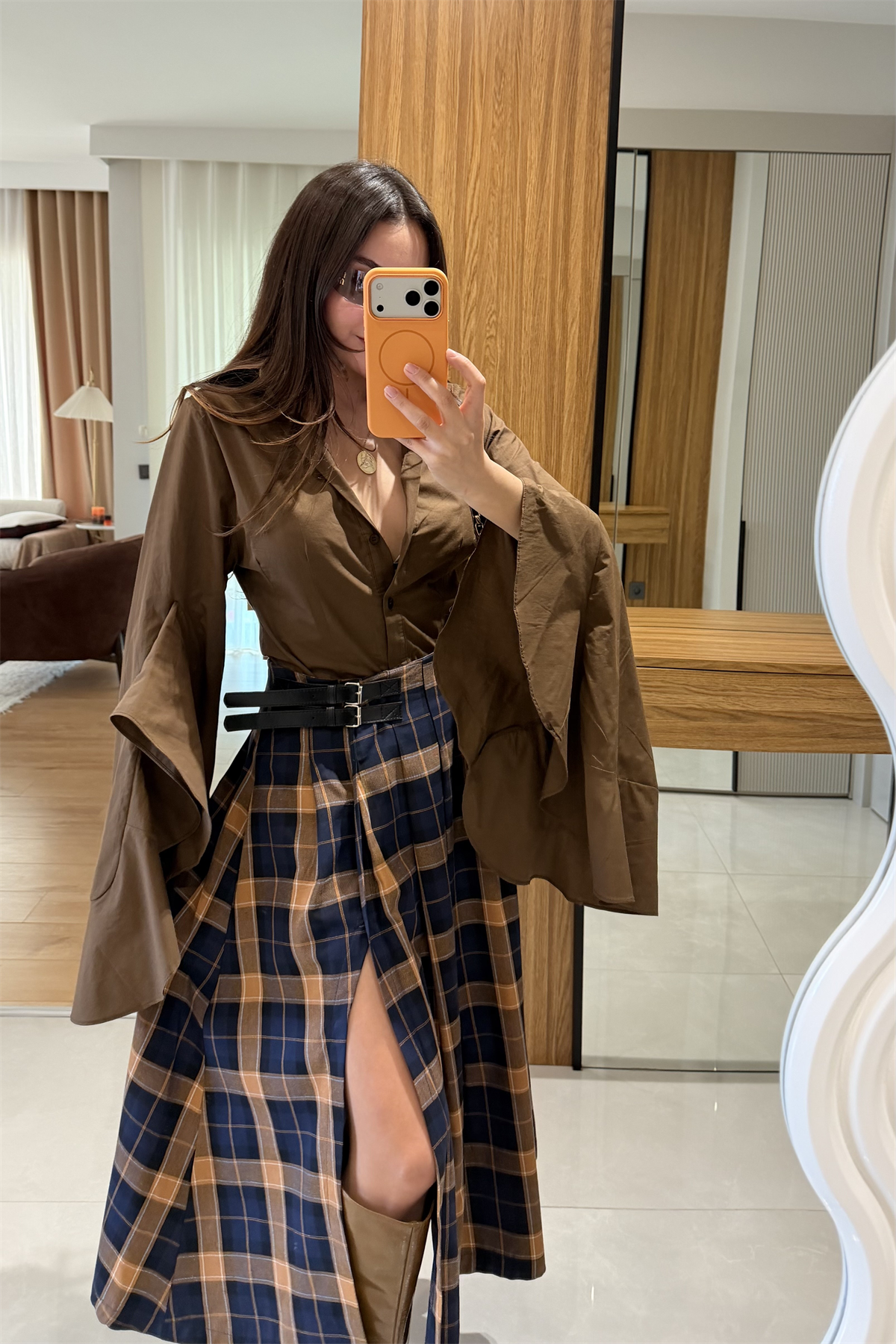 Pottery Lacivert Ekoseli Kemer Detay Etek