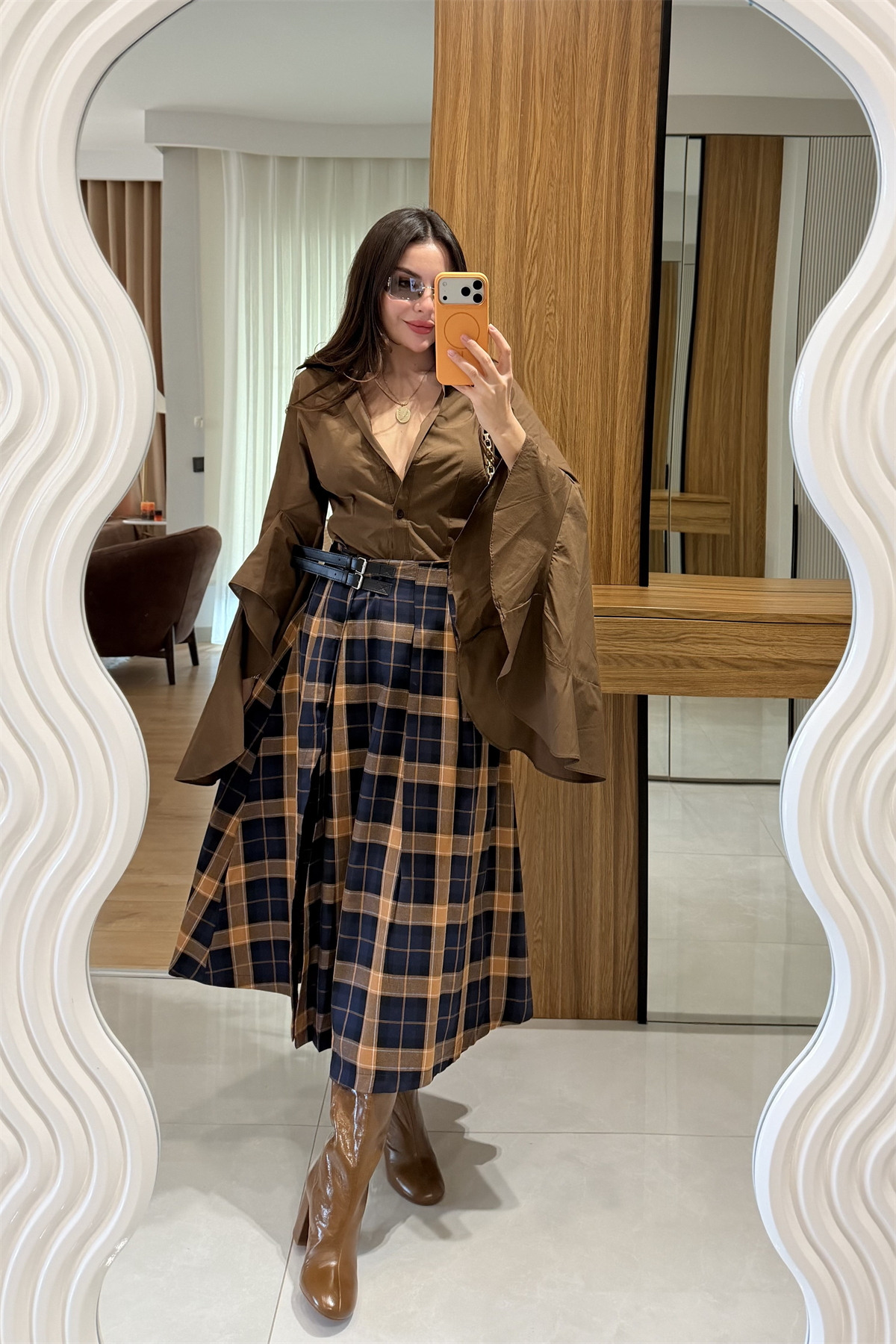 Pottery Lacivert Ekoseli Kemer Detay Etek