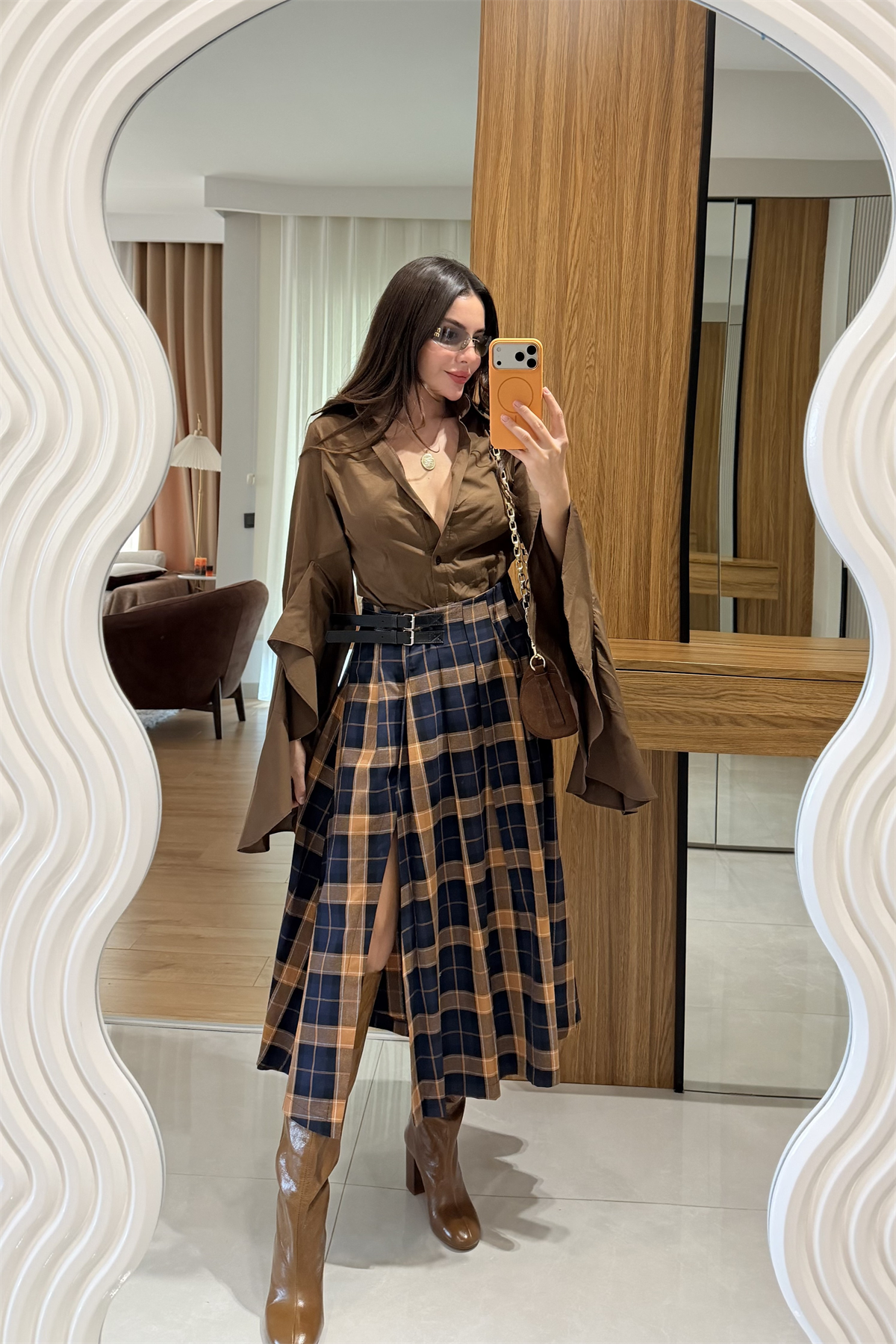 Pottery Lacivert Ekoseli Kemer Detay Etek