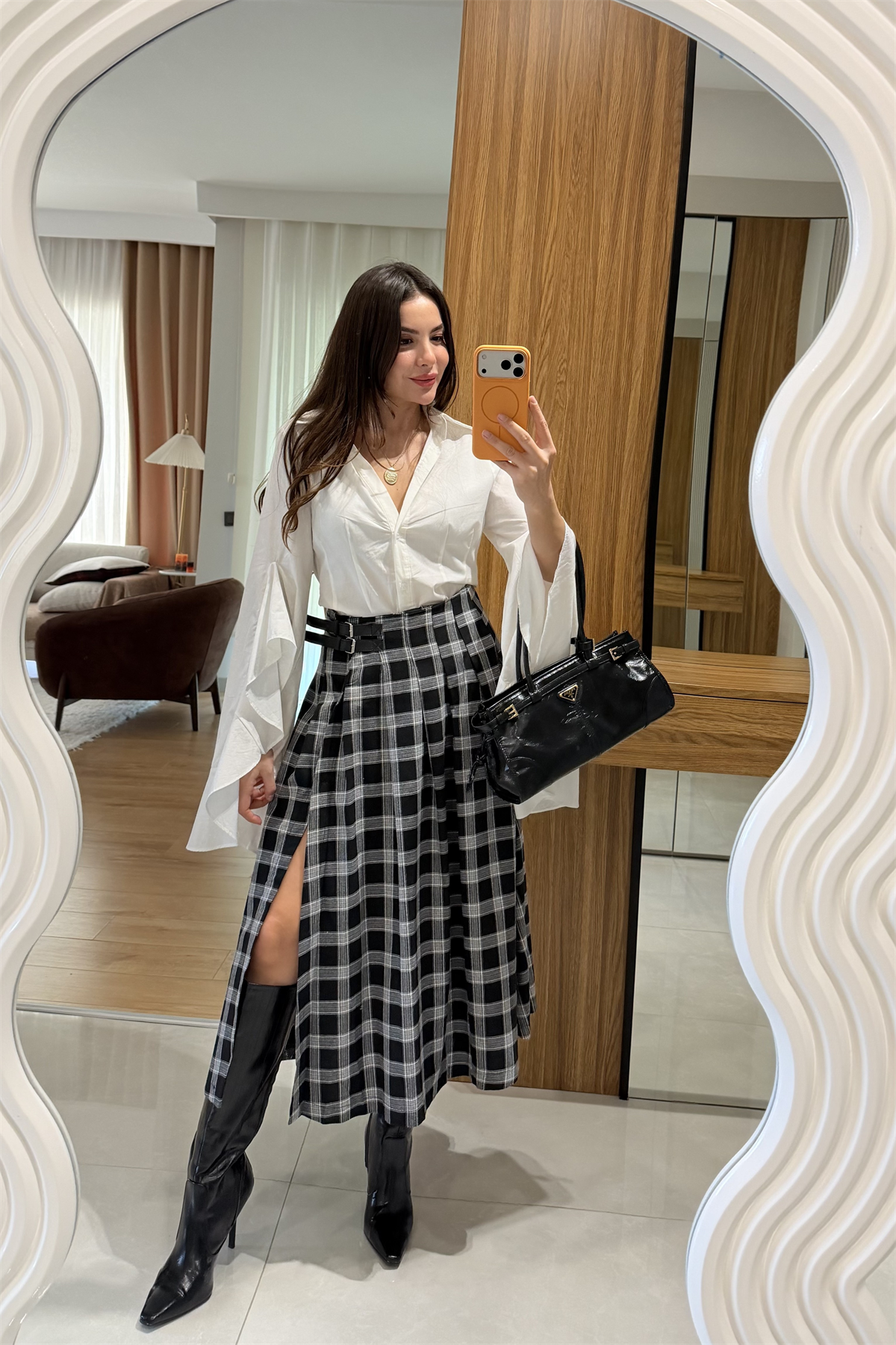 Pottery Siyah Ekoseli Kemer Detay Etek