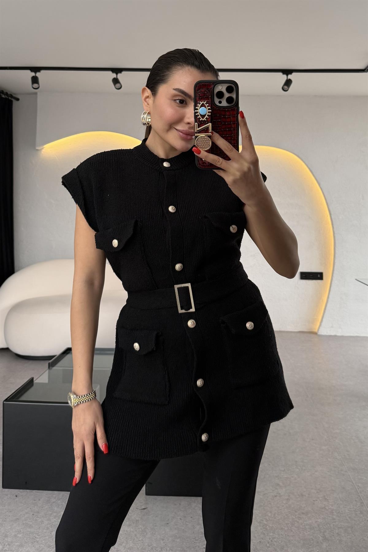 Prag Siyah Kemerli MD Triko Yelek 