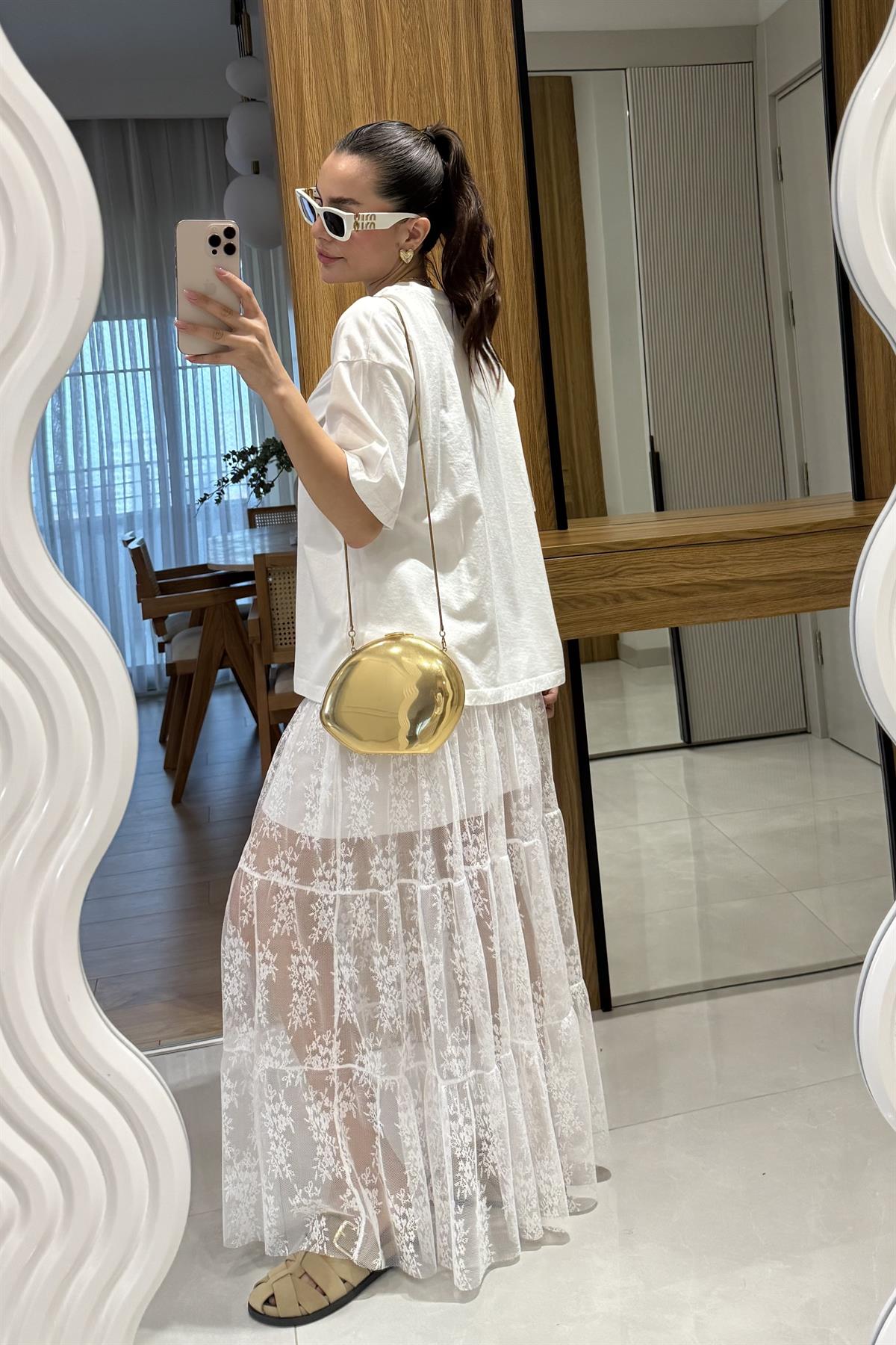 Praia Beyaz Astarlı Dantel Etek