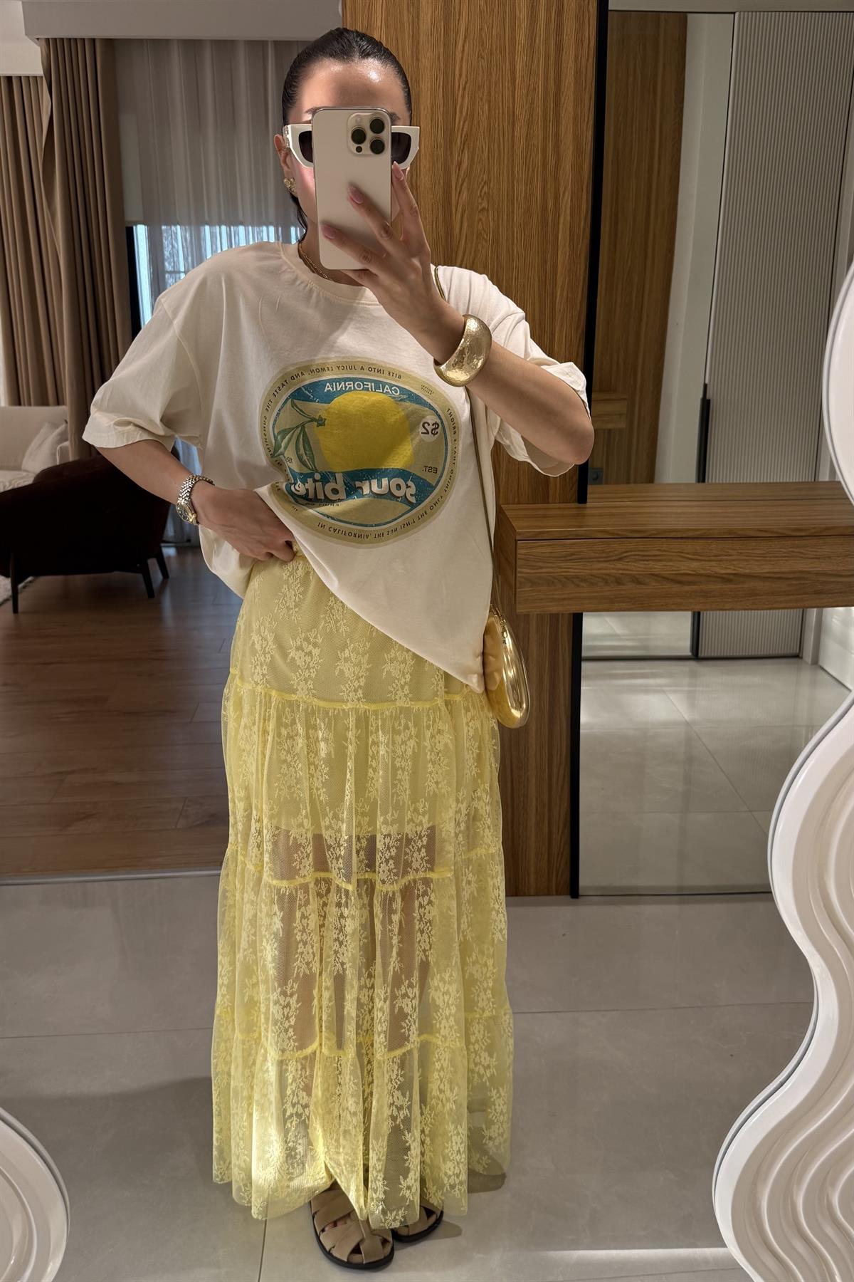 Praia Sarı Astarlı Dantel Etek