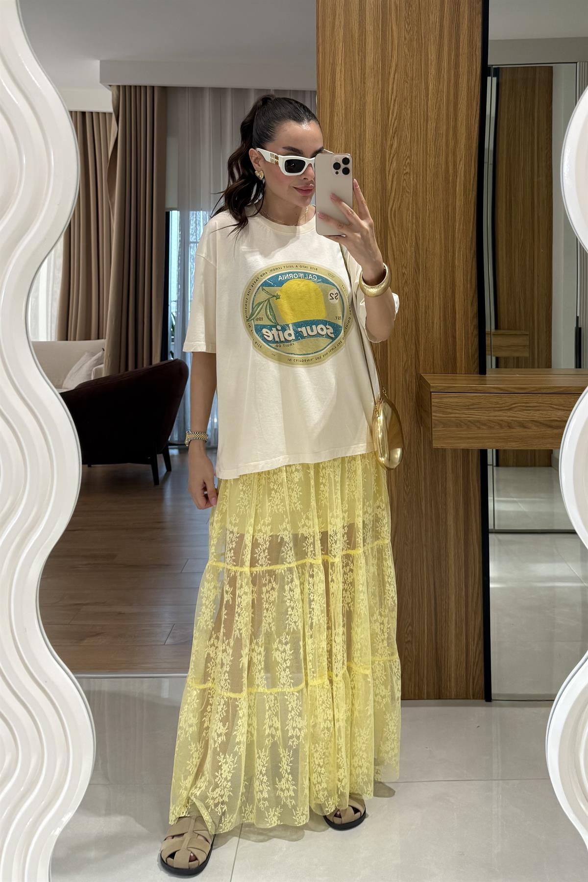 Praia Sarı Astarlı Dantel Etek