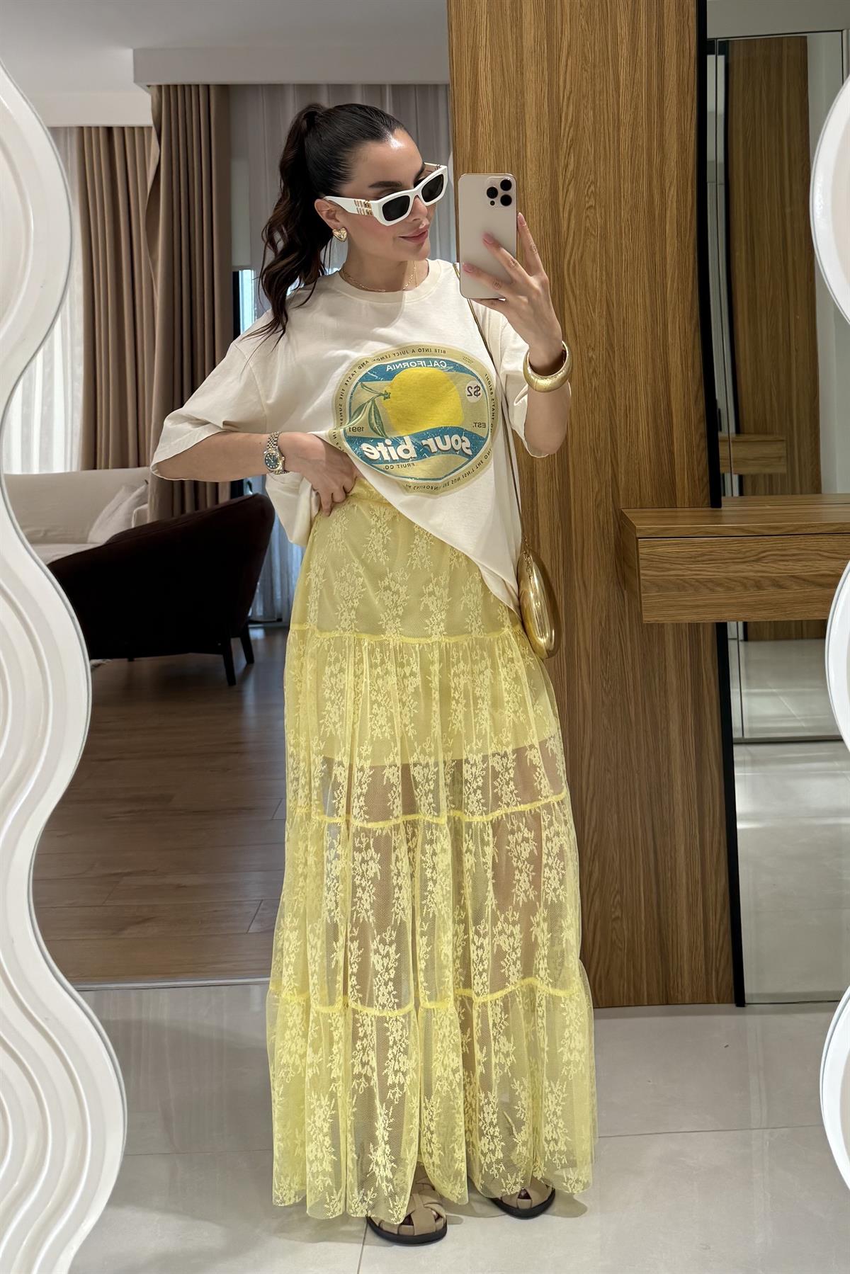 Praia Sarı Astarlı Dantel Etek