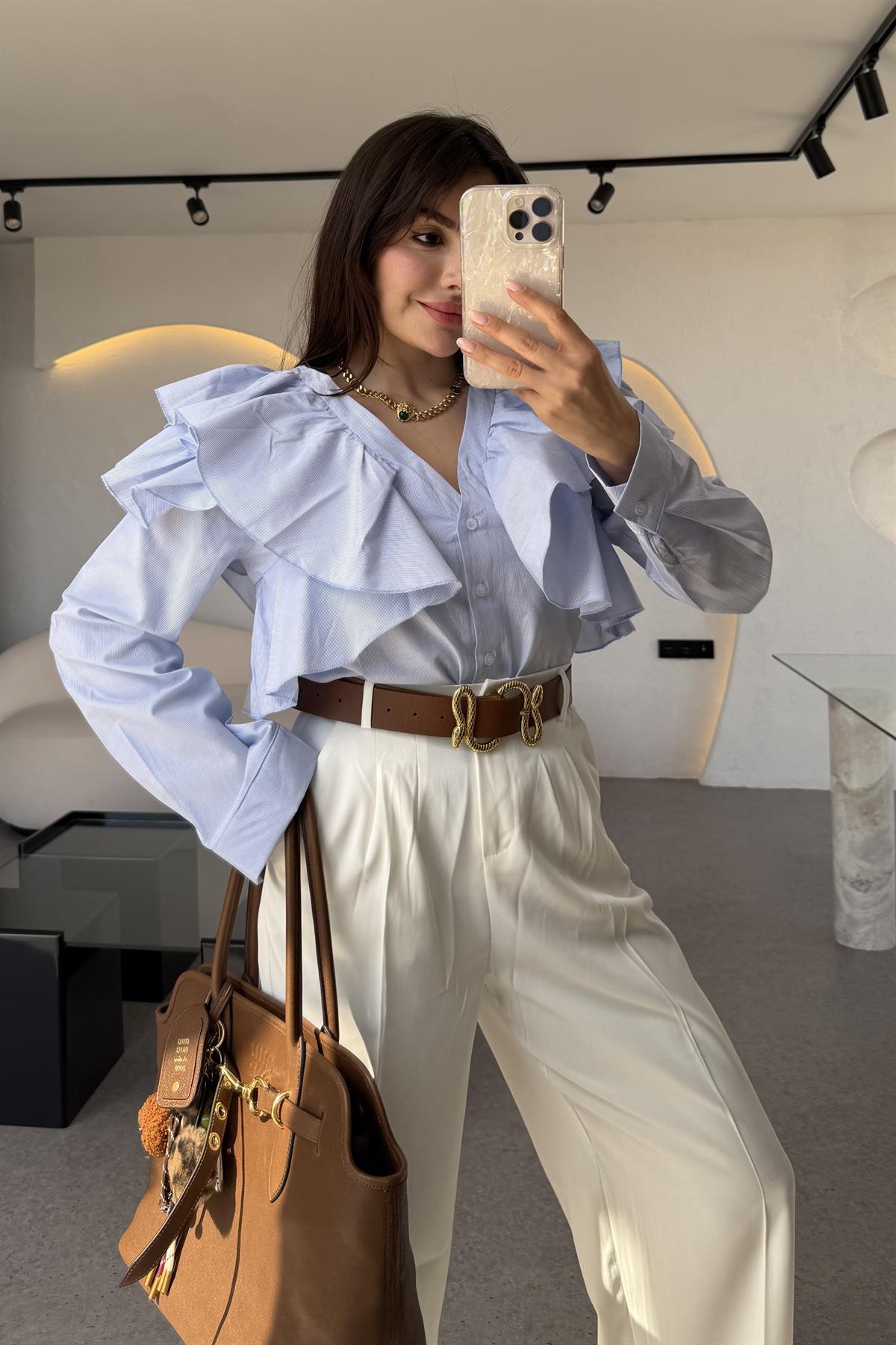 Presley Mavi Çizgili Omuzları Fırfır Detaylı Gömlek