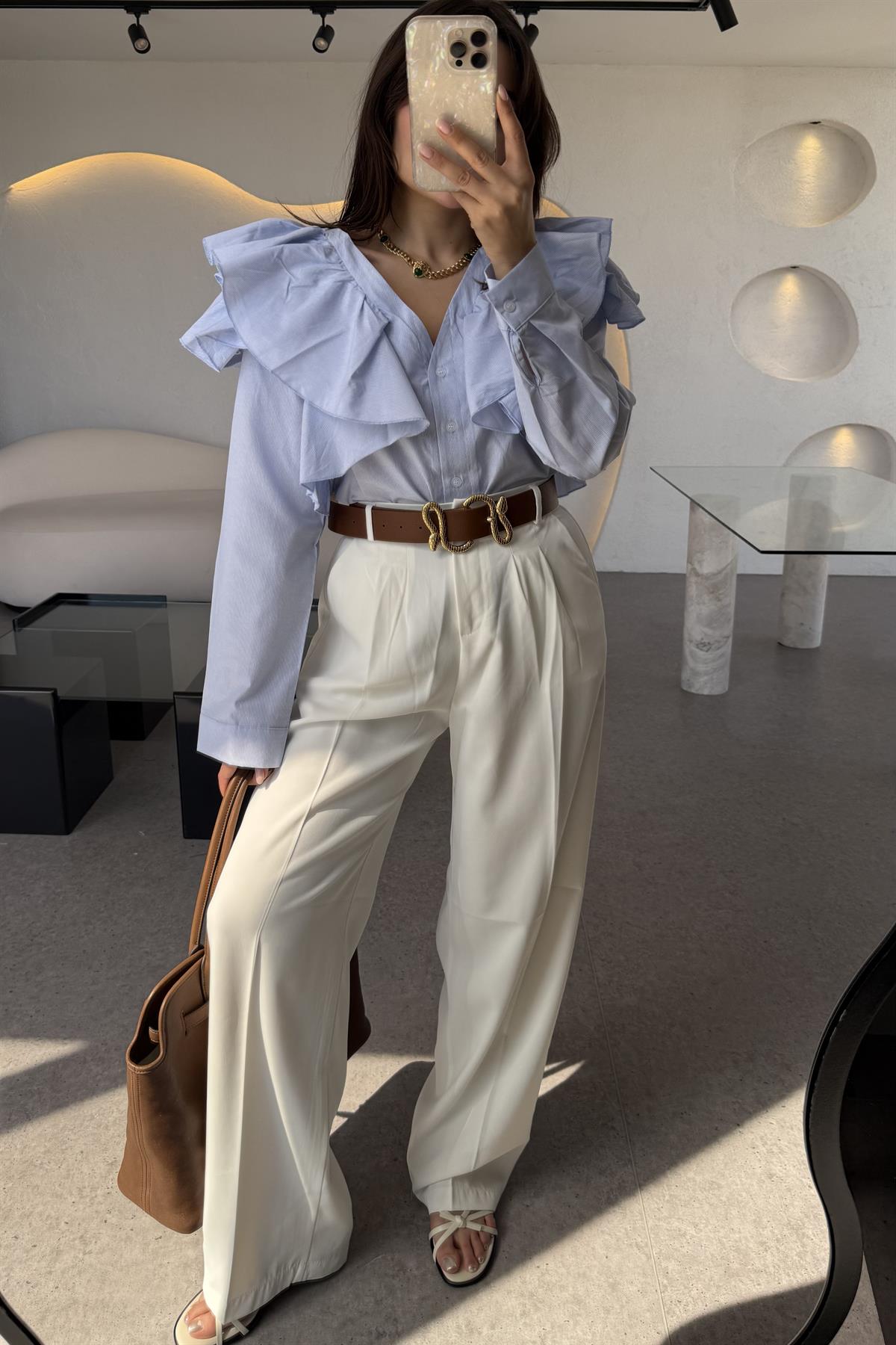 Presley Mavi Çizgili Omuzları Fırfır Detaylı Gömlek