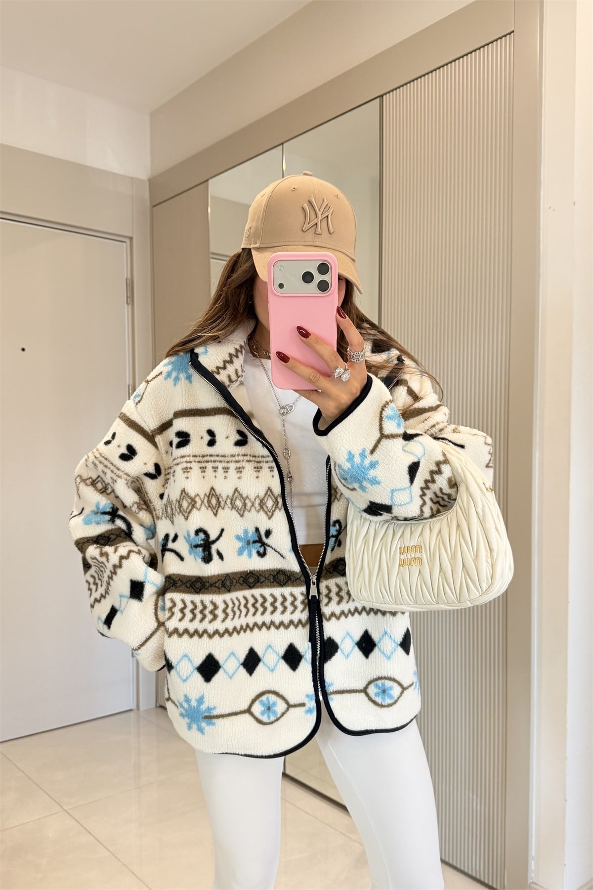 Presy  Kahve Etnik Desen Teddy Fermuarlı Sweat