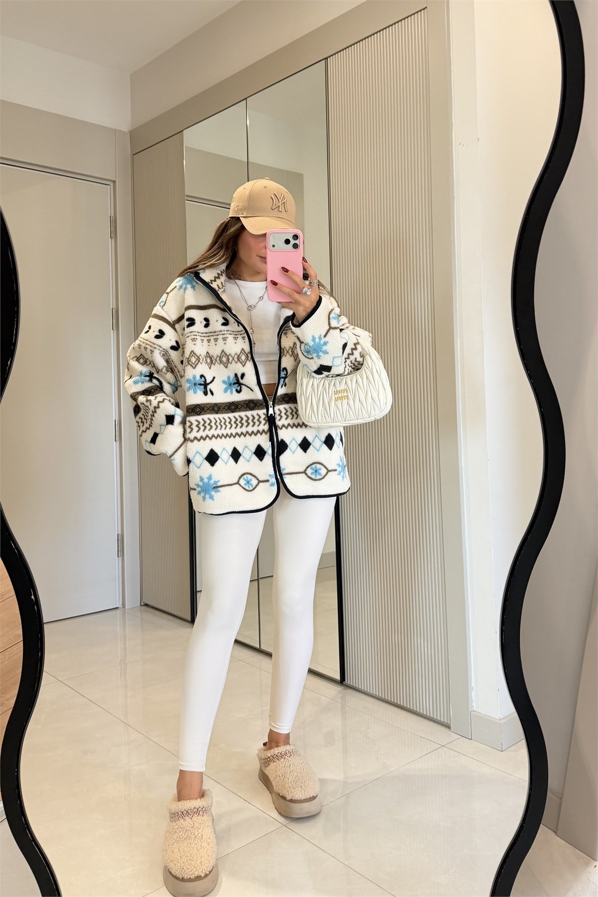 Presy  Kahve Etnik Desen Teddy Fermuarlı Sweat