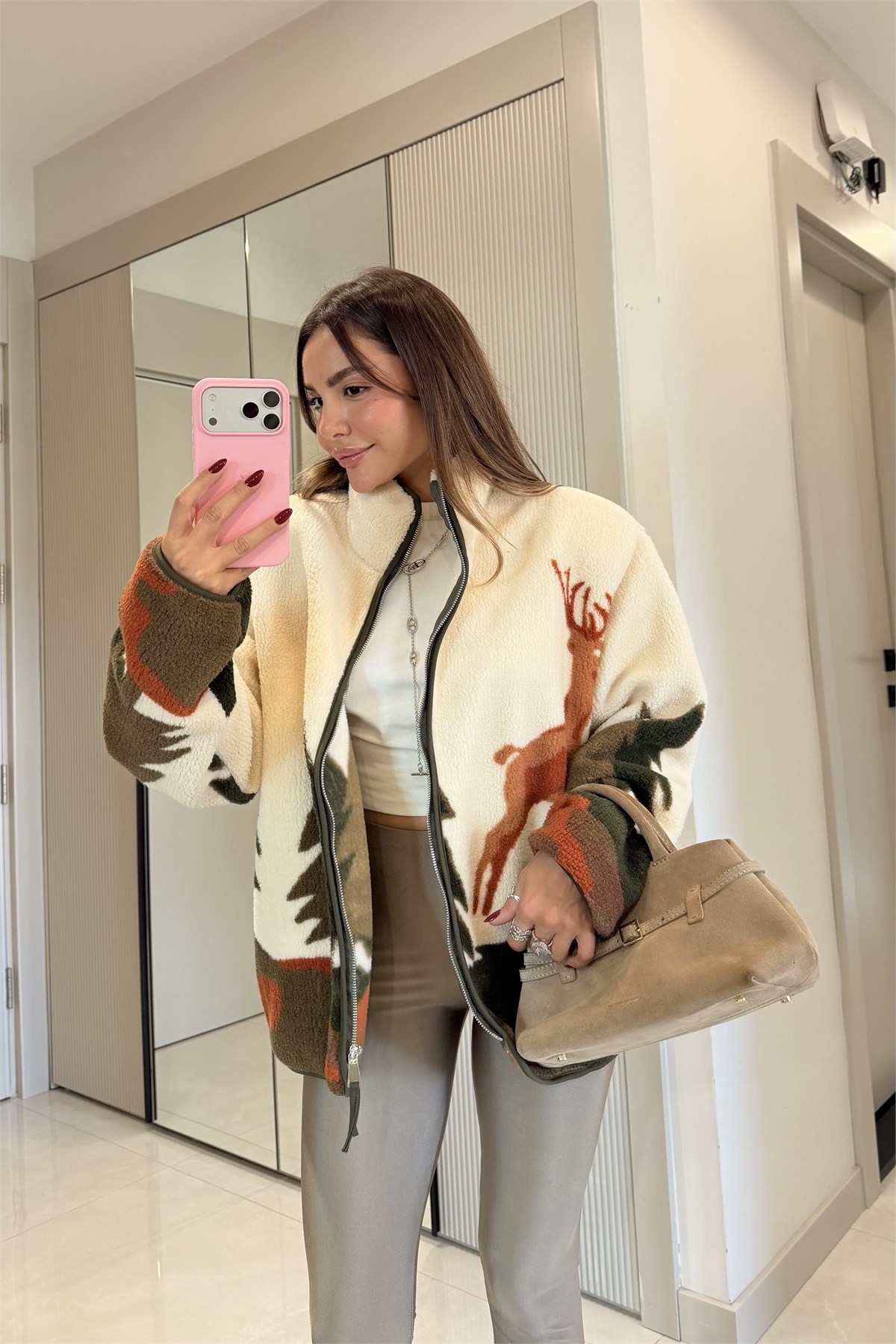 Presy Kiremit Geyikli Teddy Fermuarlı Sweat