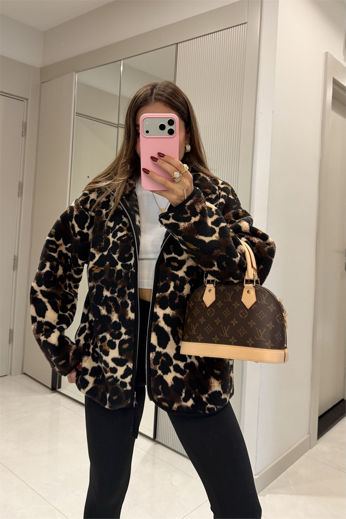 Presy Koyu Leopar Teddy Fermuarlı Sweat