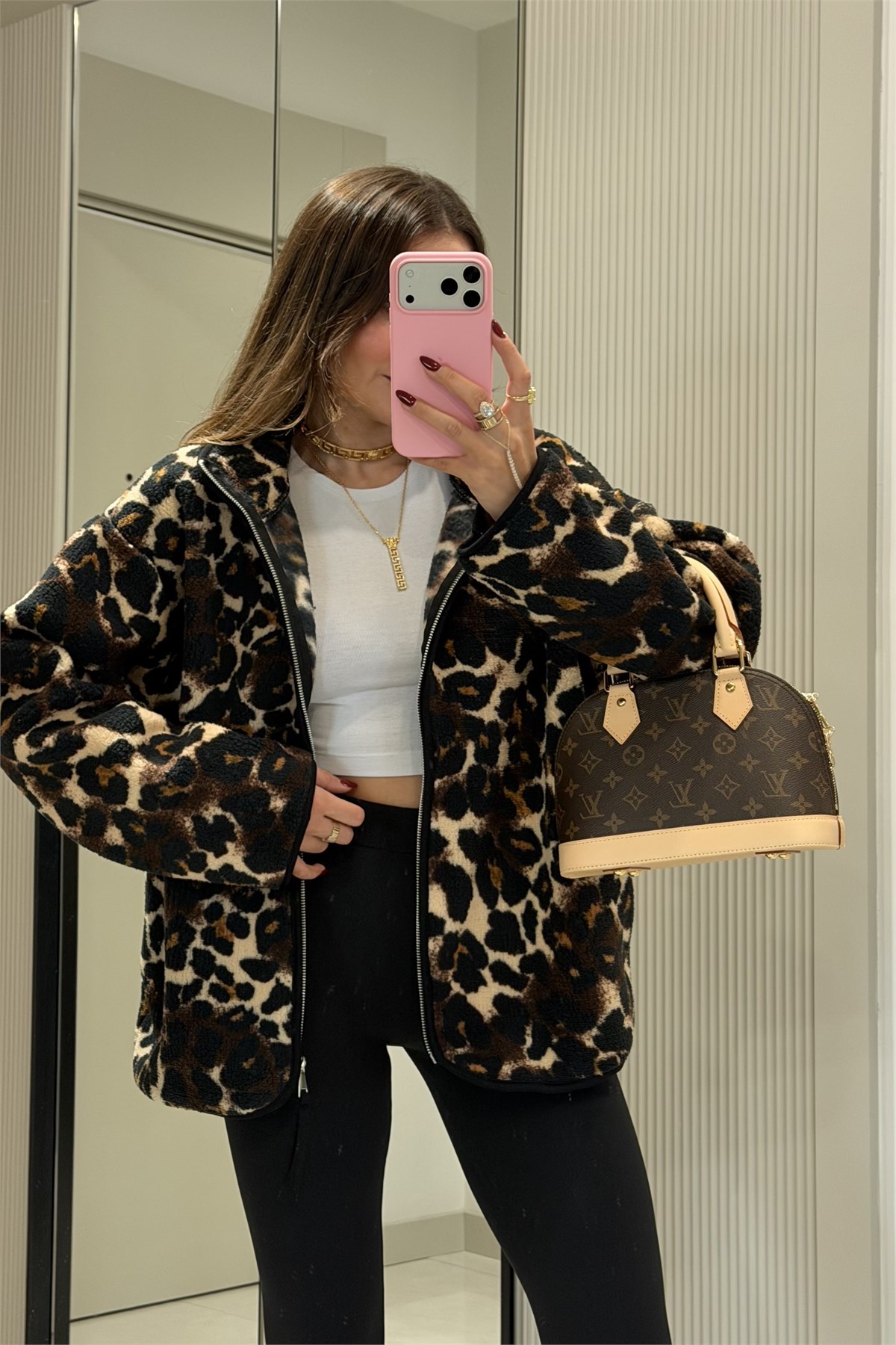 Presy Koyu Leopar Teddy Fermuarlı Sweat