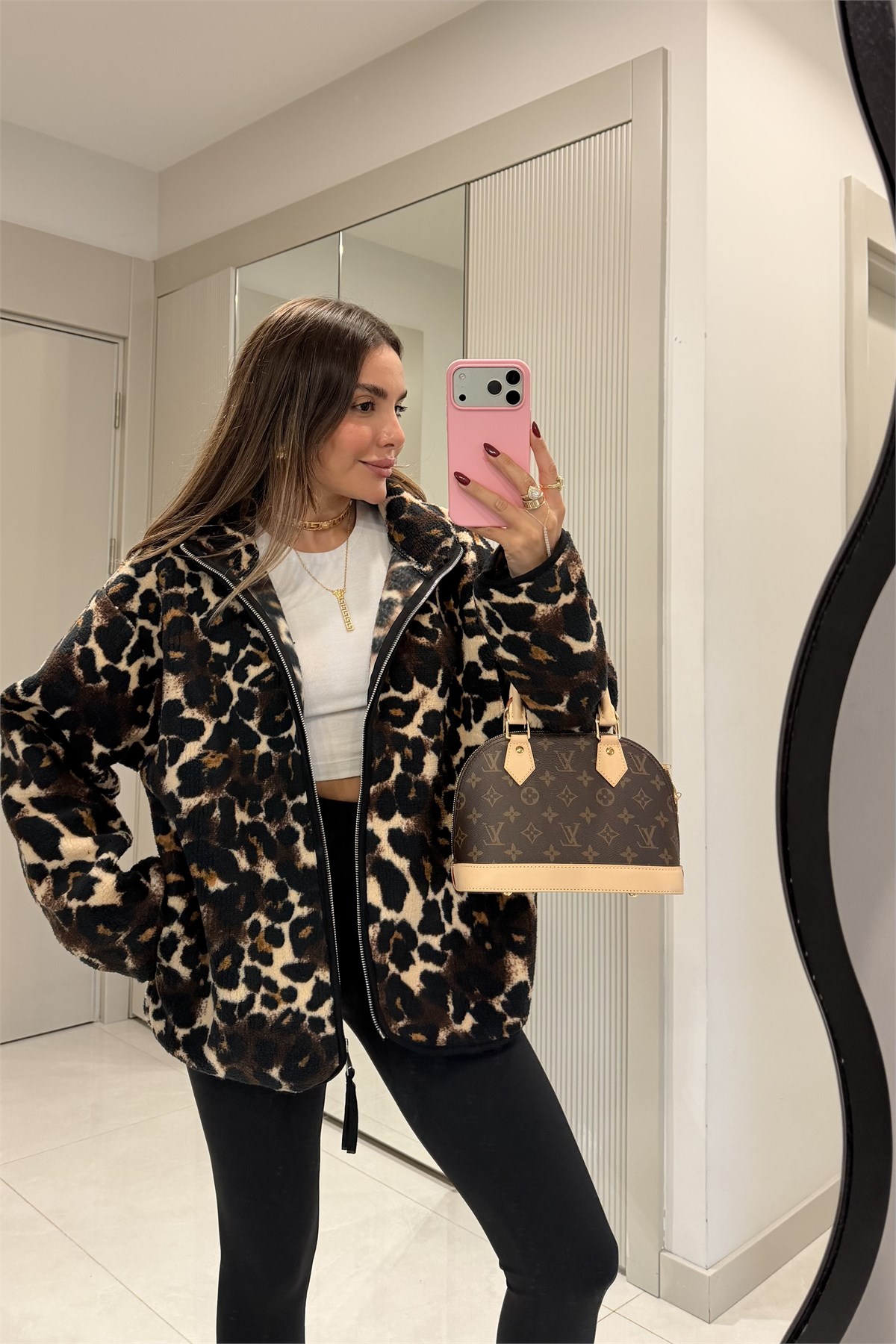 Presy Koyu Leopar Teddy Fermuarlı Sweat