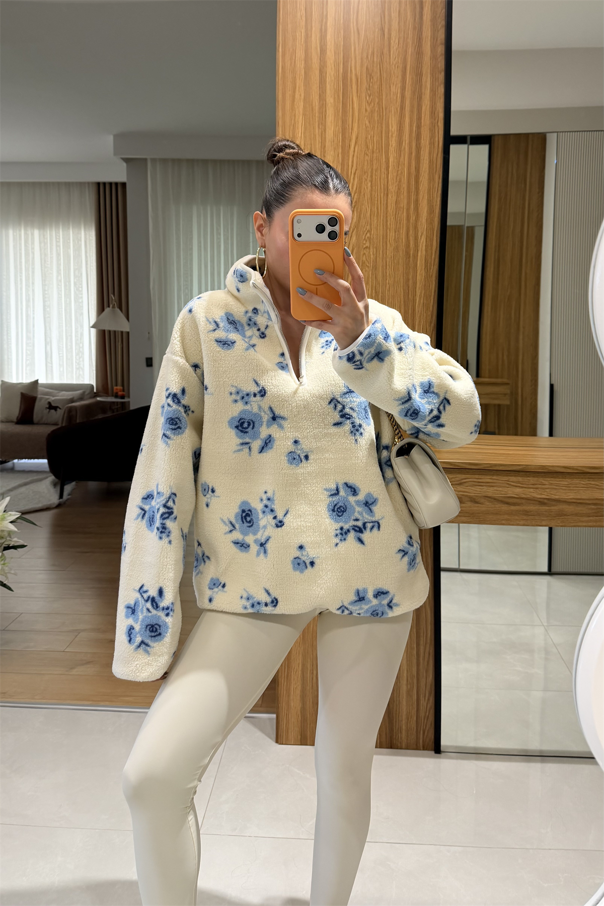 Presy Mavi Gül Desen Teddy Kazak