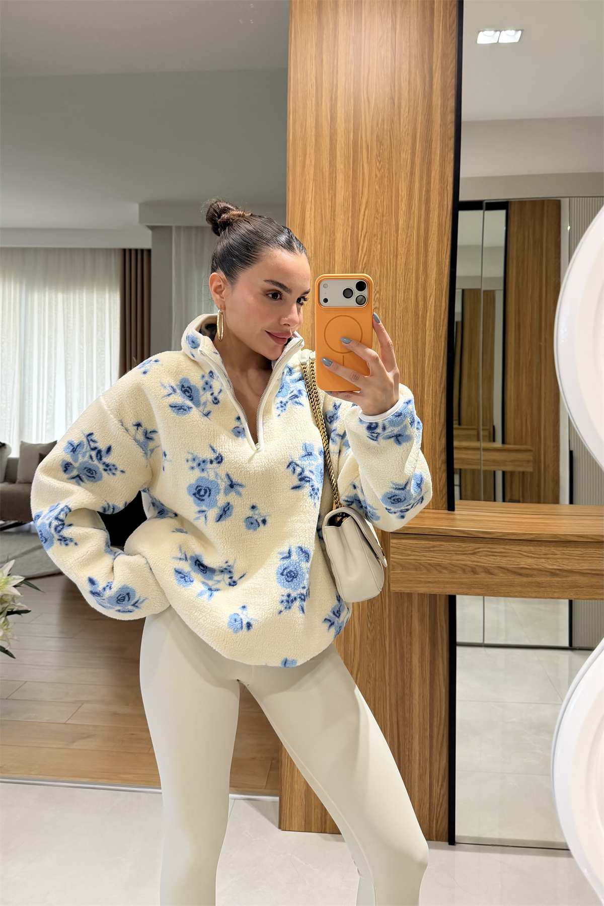 Presy Mavi Gül Desen Teddy Kazak