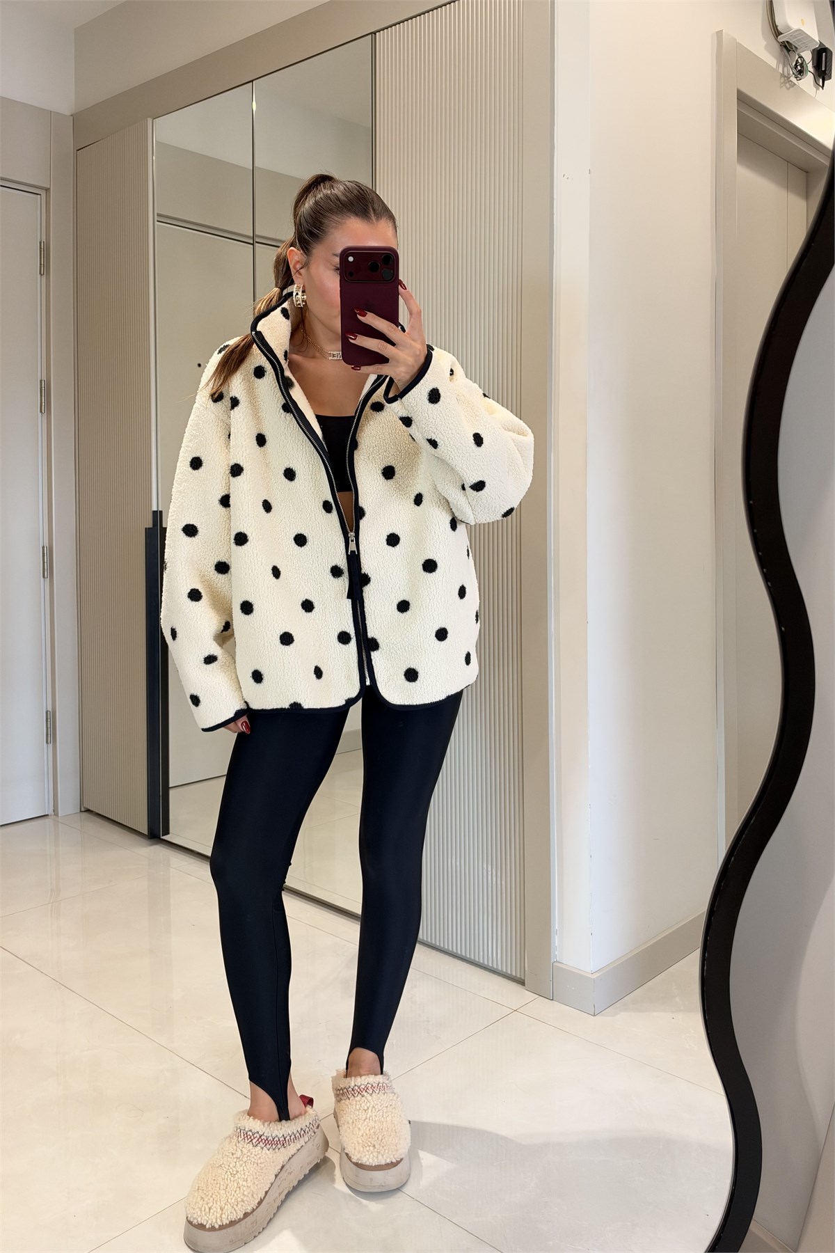 Presy Puantiyeli Ekru Teddy Fermuarlı Sweat