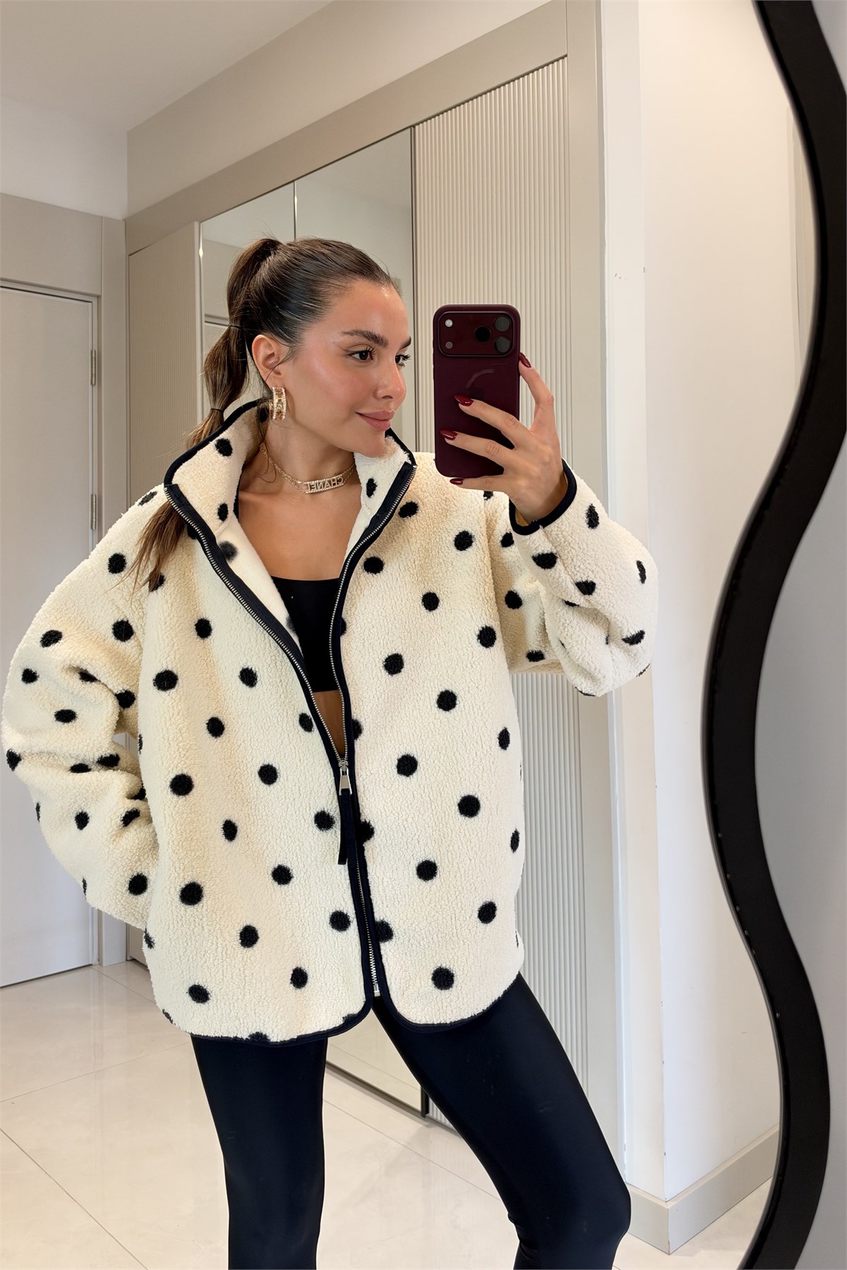 Presy Puantiyeli Ekru Teddy Fermuarlı Sweat