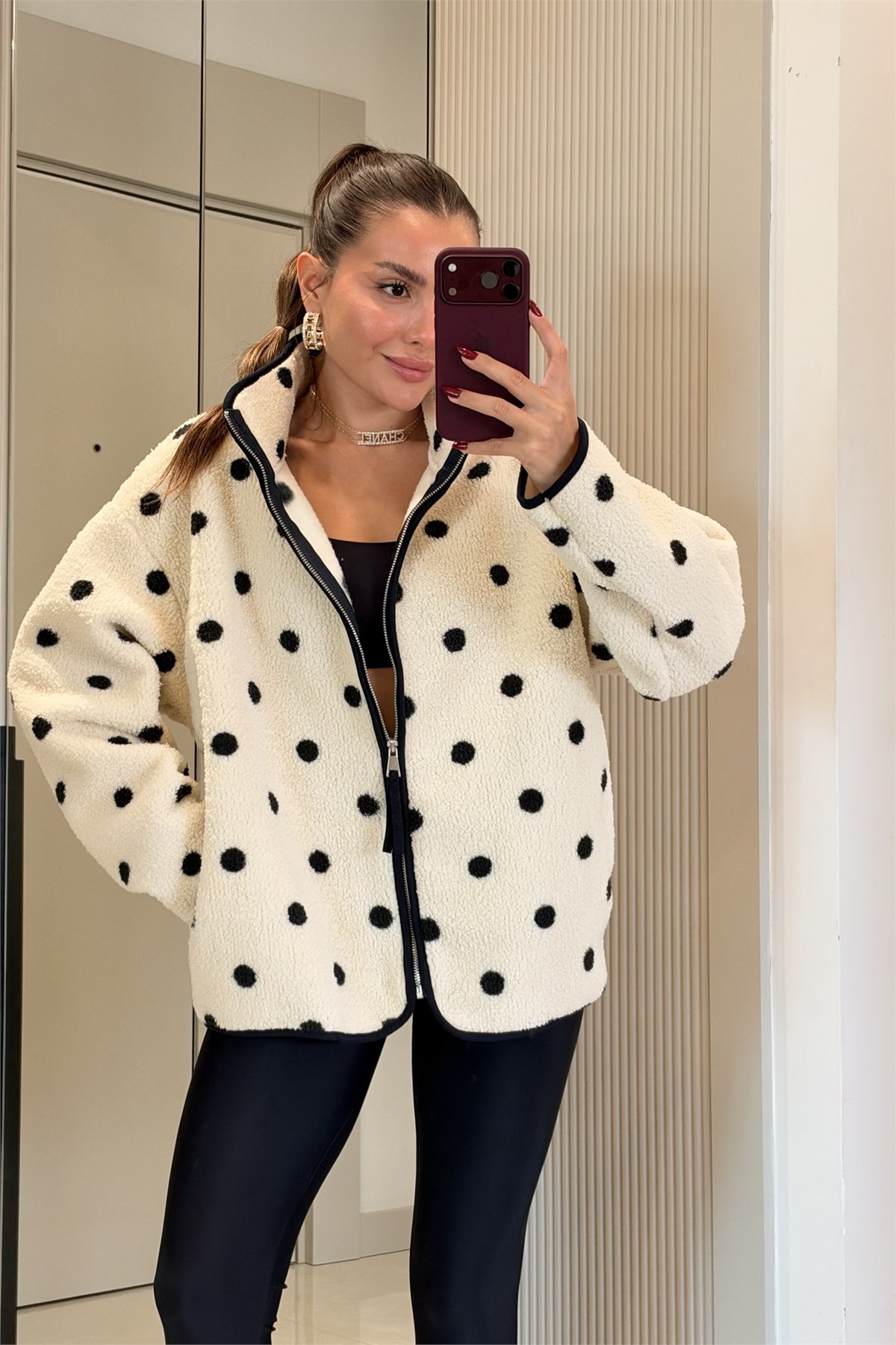 Presy Puantiyeli Ekru Teddy Fermuarlı Sweat