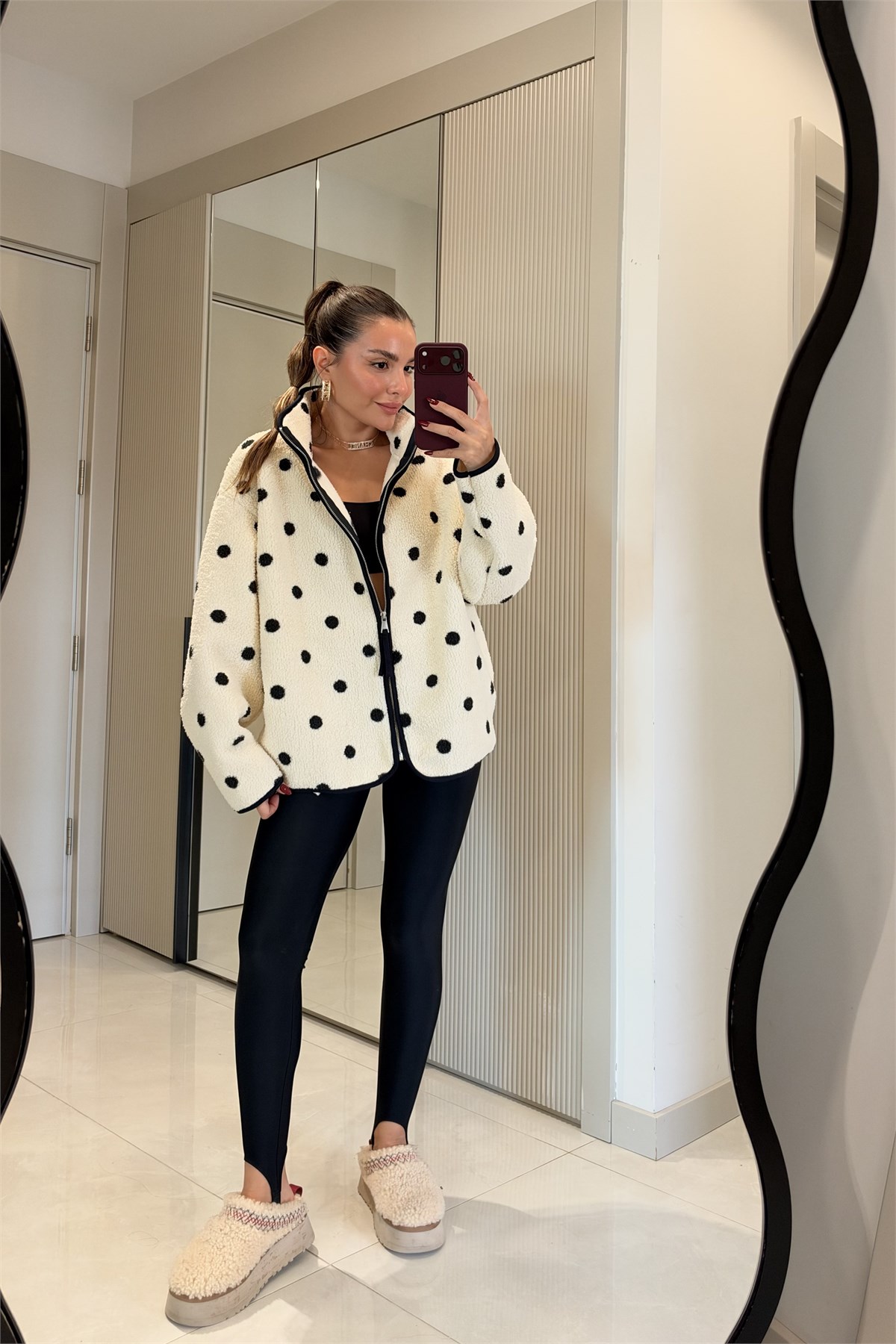 Presy Puantiyeli Ekru Teddy Fermuarlı Sweat