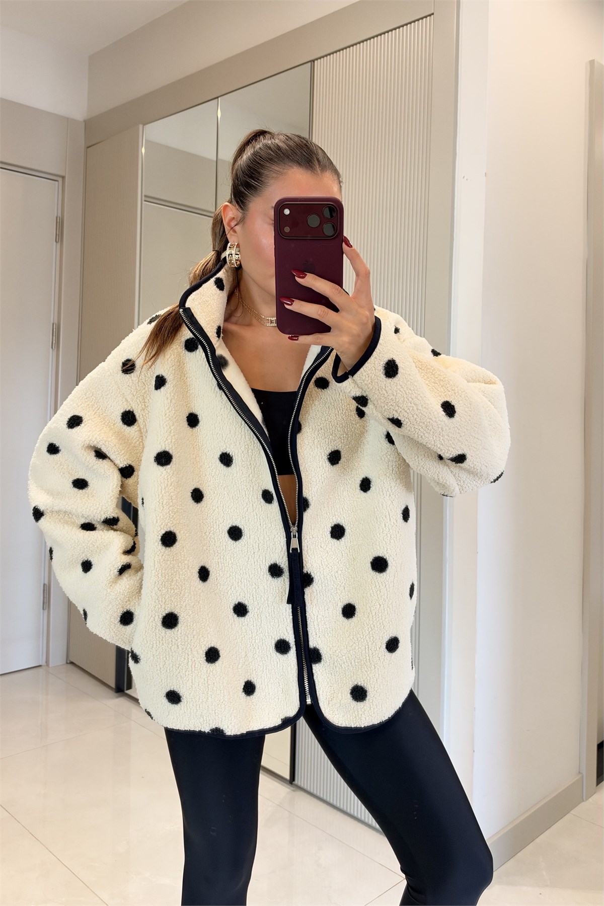 Presy Puantiyeli Ekru Teddy Fermuarlı Sweat