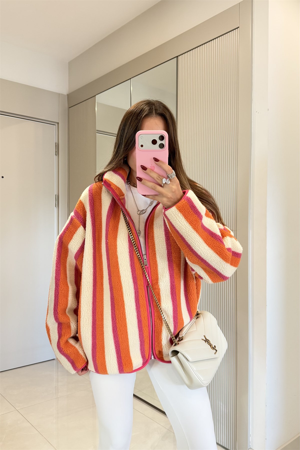 Presy Turuncu Çizgili Teddy Fermuarlı Sweat