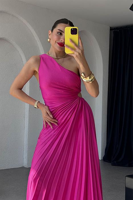 Prettie Tek Omuz Piliseli Asimetrik Elbise-Fuşya