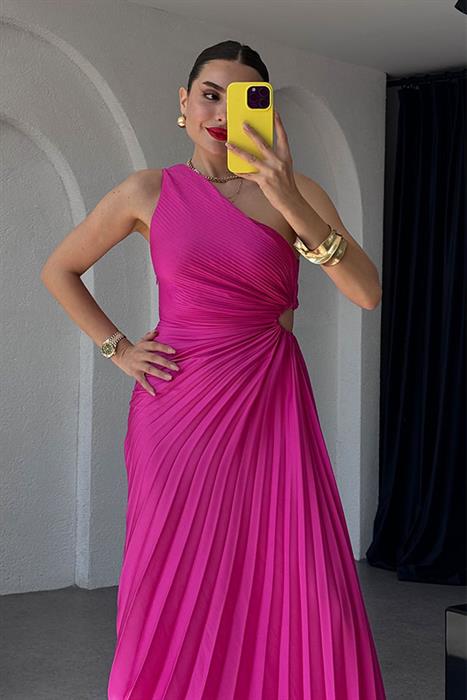 Prettie Tek Omuz Piliseli Asimetrik Elbise-Fuşya