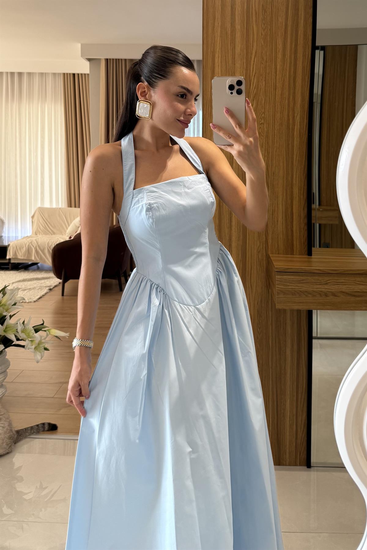 Pretty Mavi Belden Oturtmalı Maxi Elbise