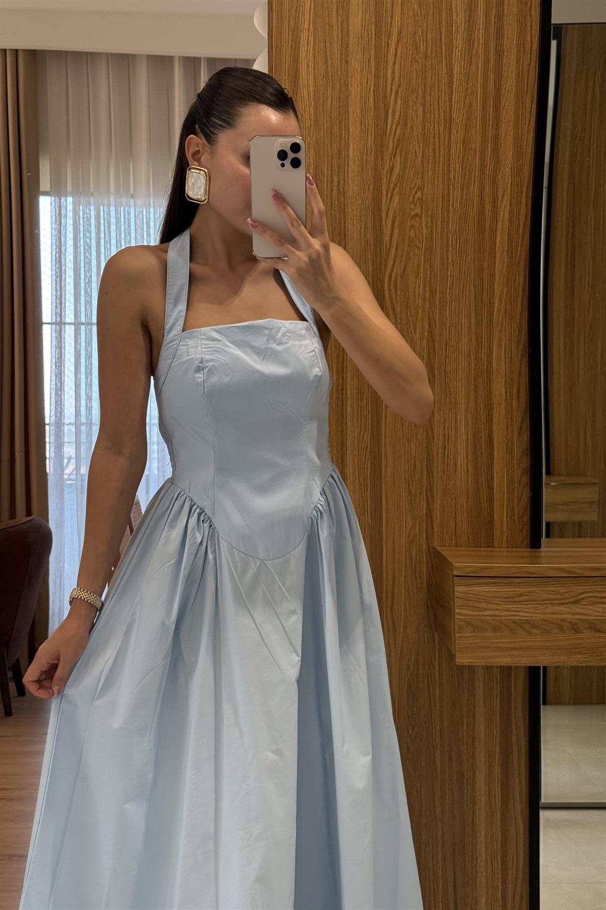 Pretty Mavi Belden Oturtmalı Maxi Elbise