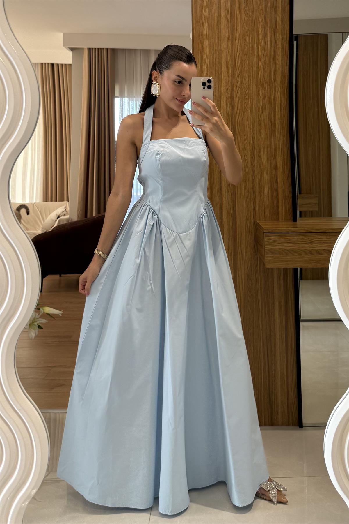 Pretty Mavi Belden Oturtmalı Maxi Elbise