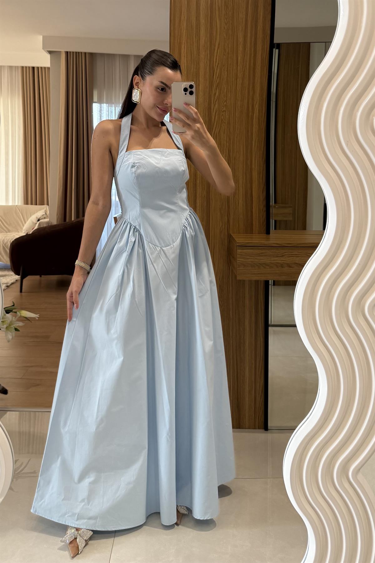 Pretty Mavi Belden Oturtmalı Maxi Elbise