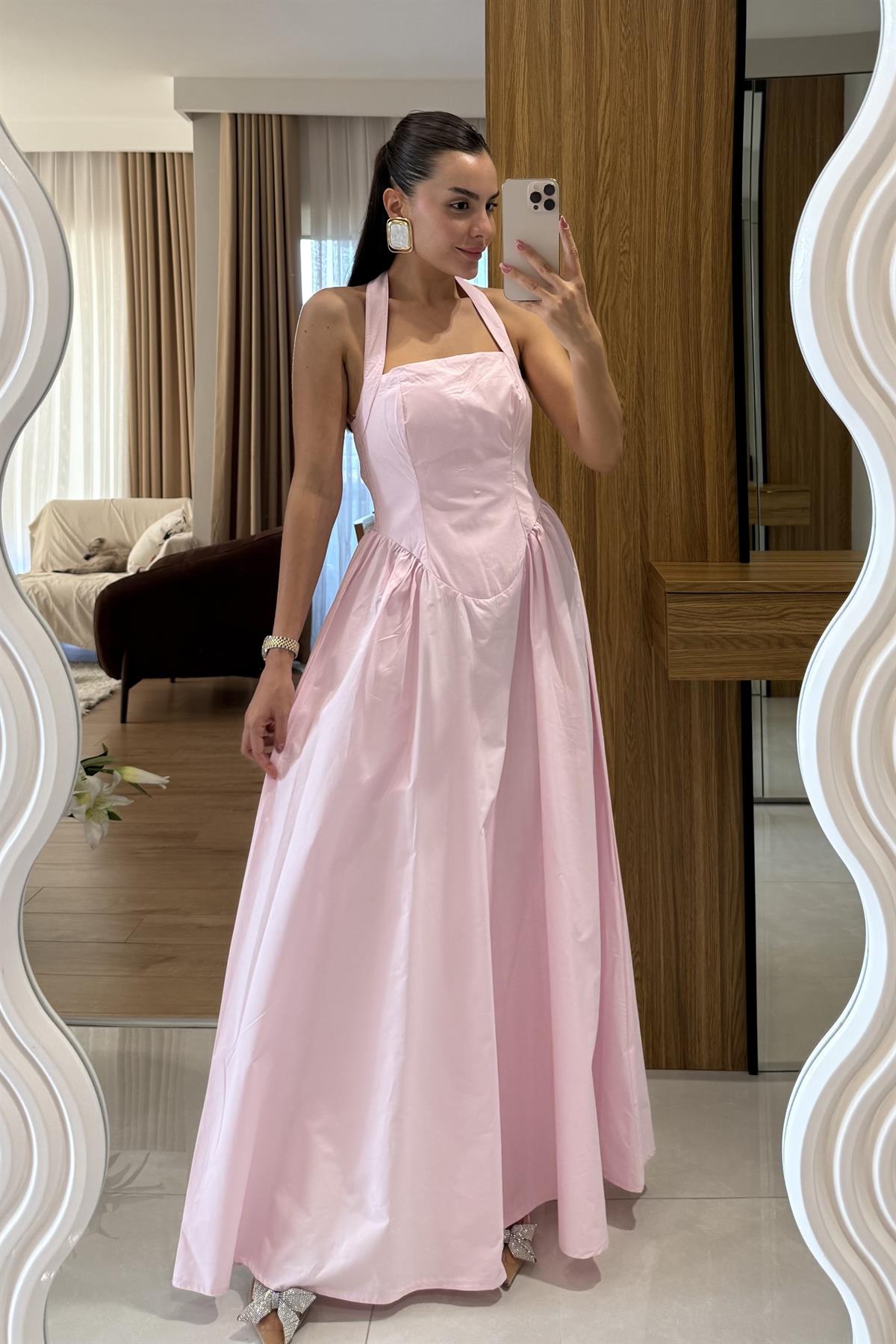 Pretty Pembe Belden Oturtmalı Maxi Elbise