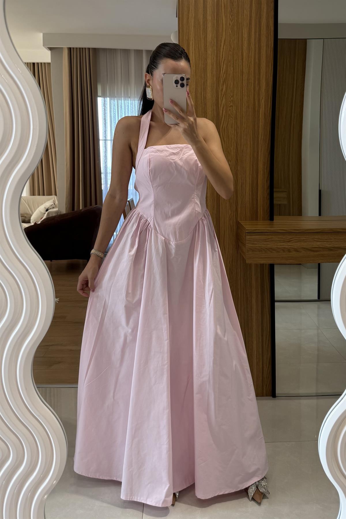 Pretty Pembe Belden Oturtmalı Maxi Elbise