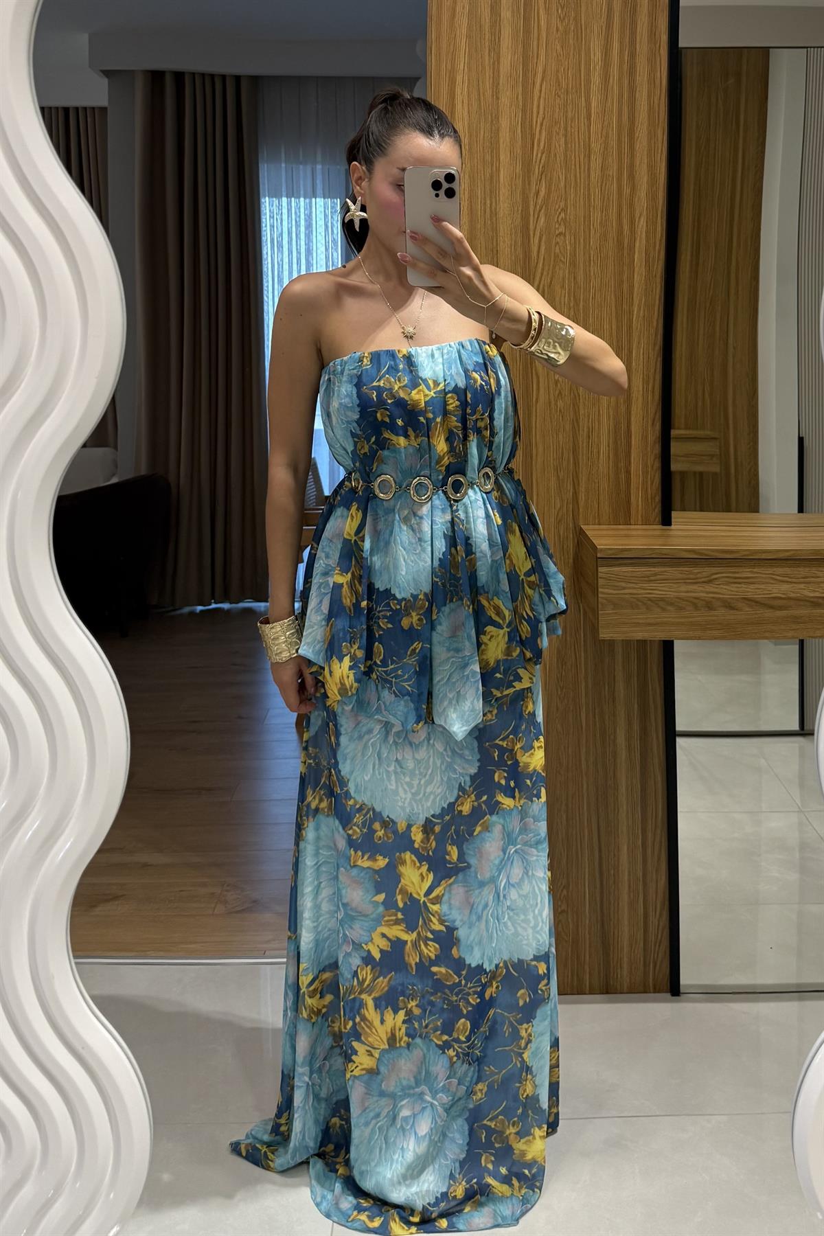 Princes Mavi Çiçek Desenli Katlı Elbise 