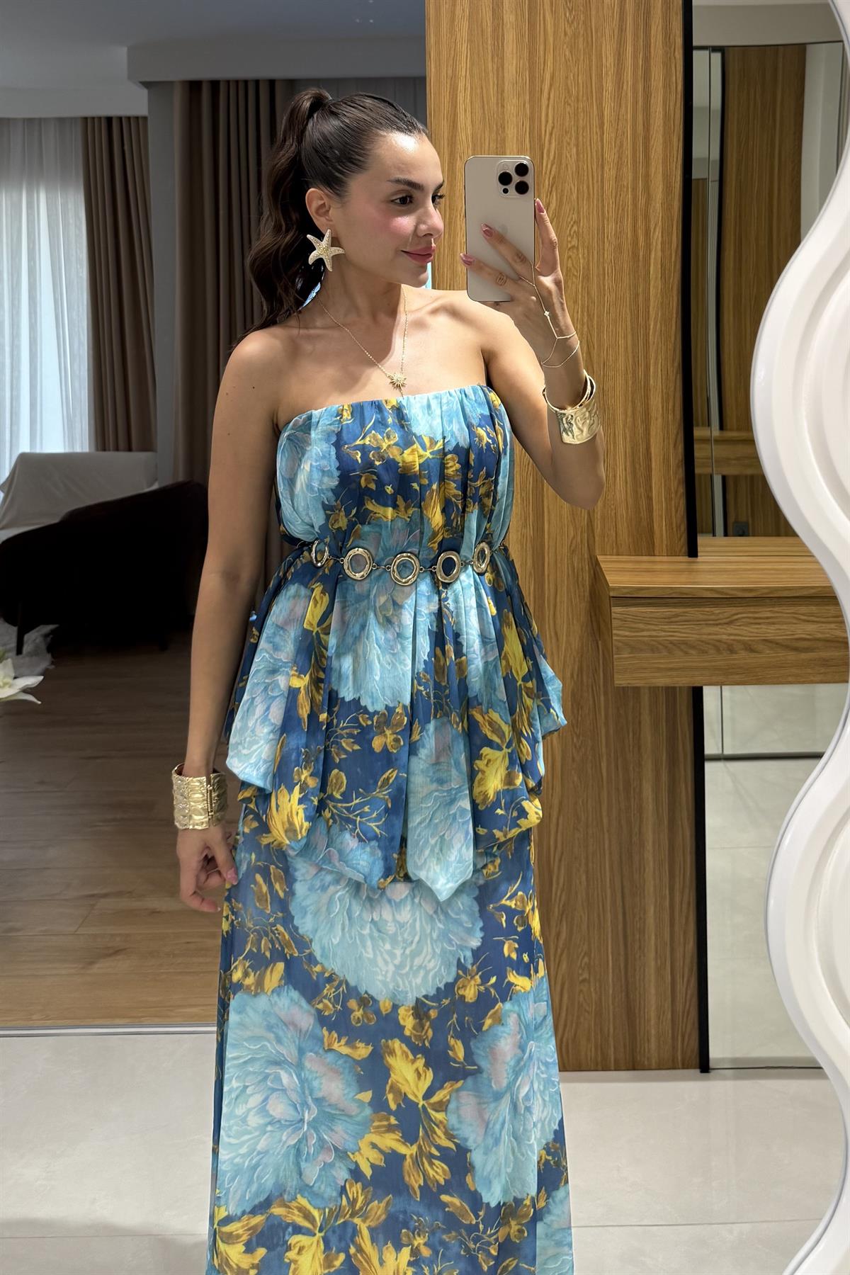 Princes Mavi Çiçek Desenli Katlı Elbise 