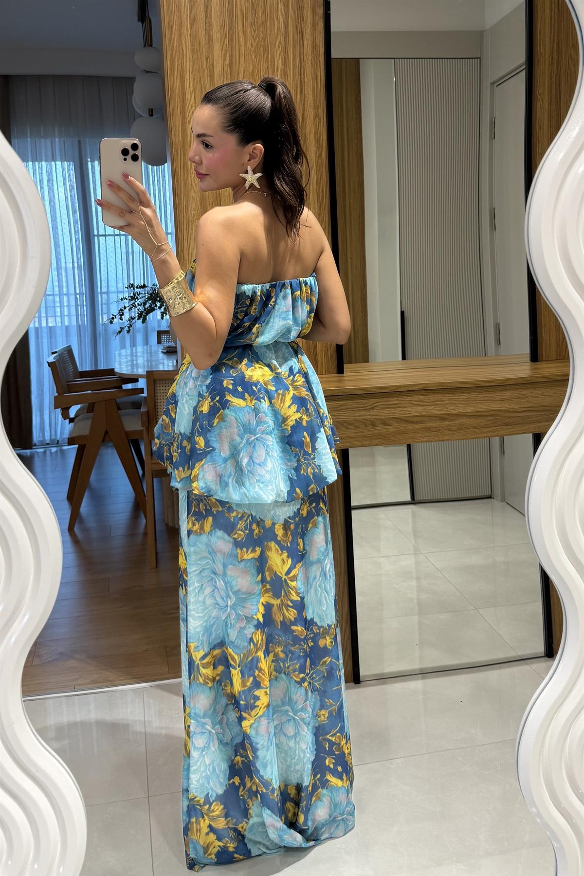 Princes Mavi Çiçek Desenli Katlı Elbise 