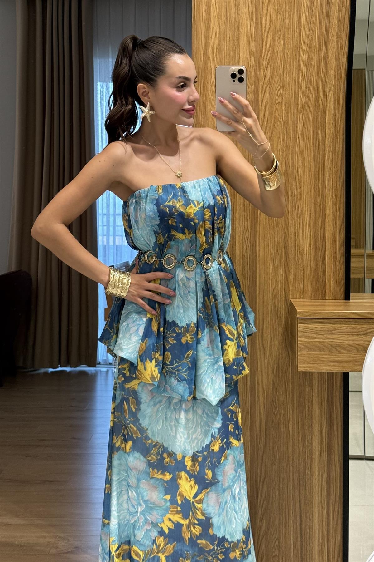 Princes Mavi Çiçek Desenli Katlı Elbise 