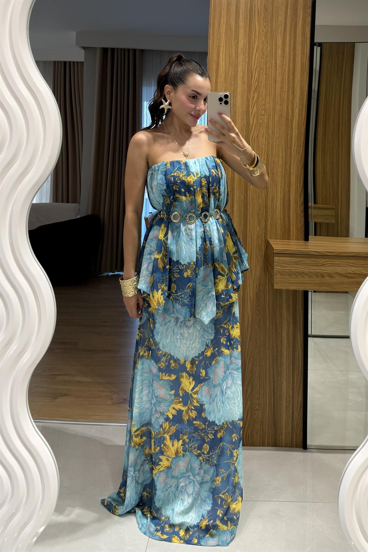 Princes Mavi Çiçek Desenli Katlı Elbise 