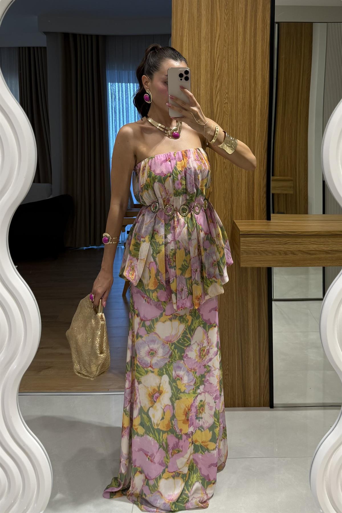 Princes Pembe Çiçek Desenli Katlı Elbise 