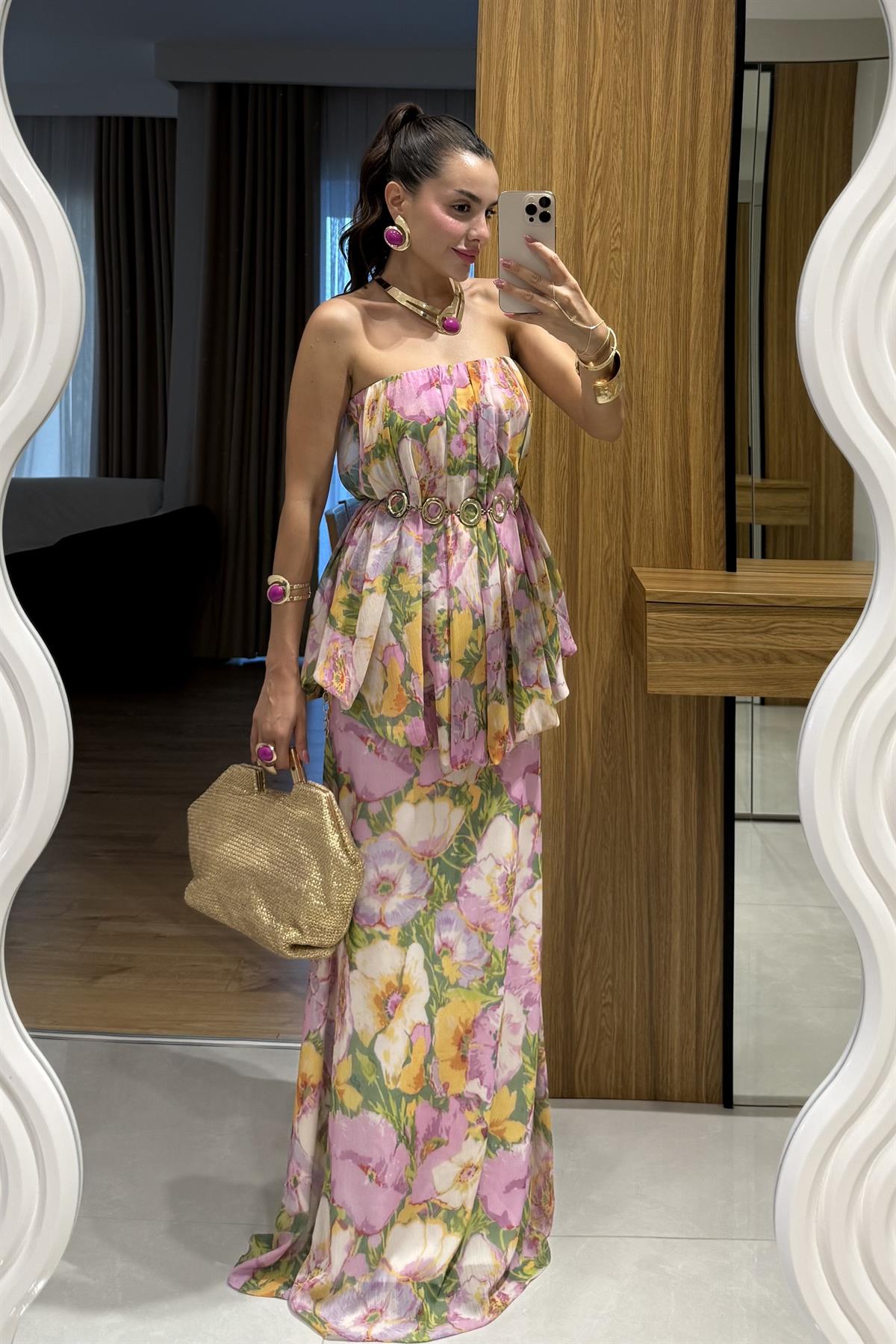 Princes Pembe Çiçek Desenli Katlı Elbise 