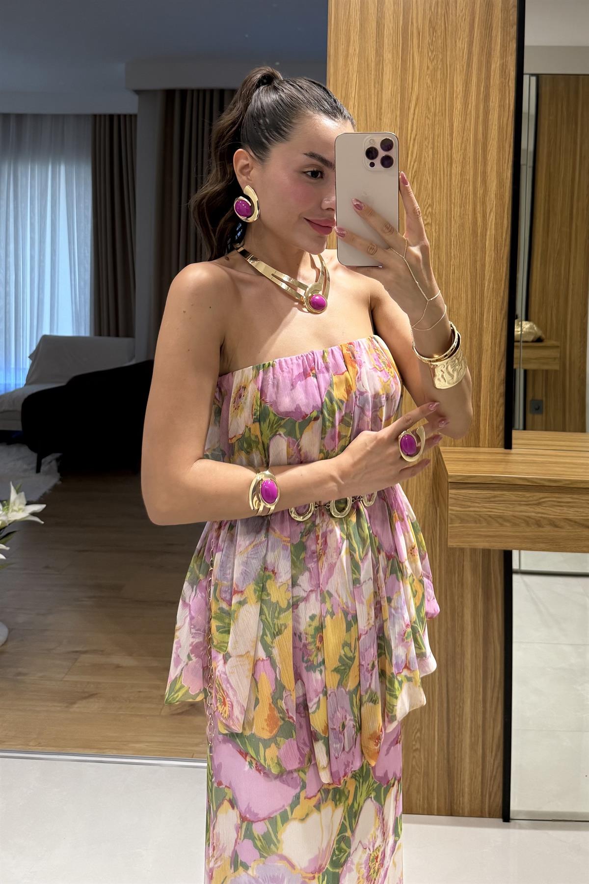 Princes Pembe Çiçek Desenli Katlı Elbise 