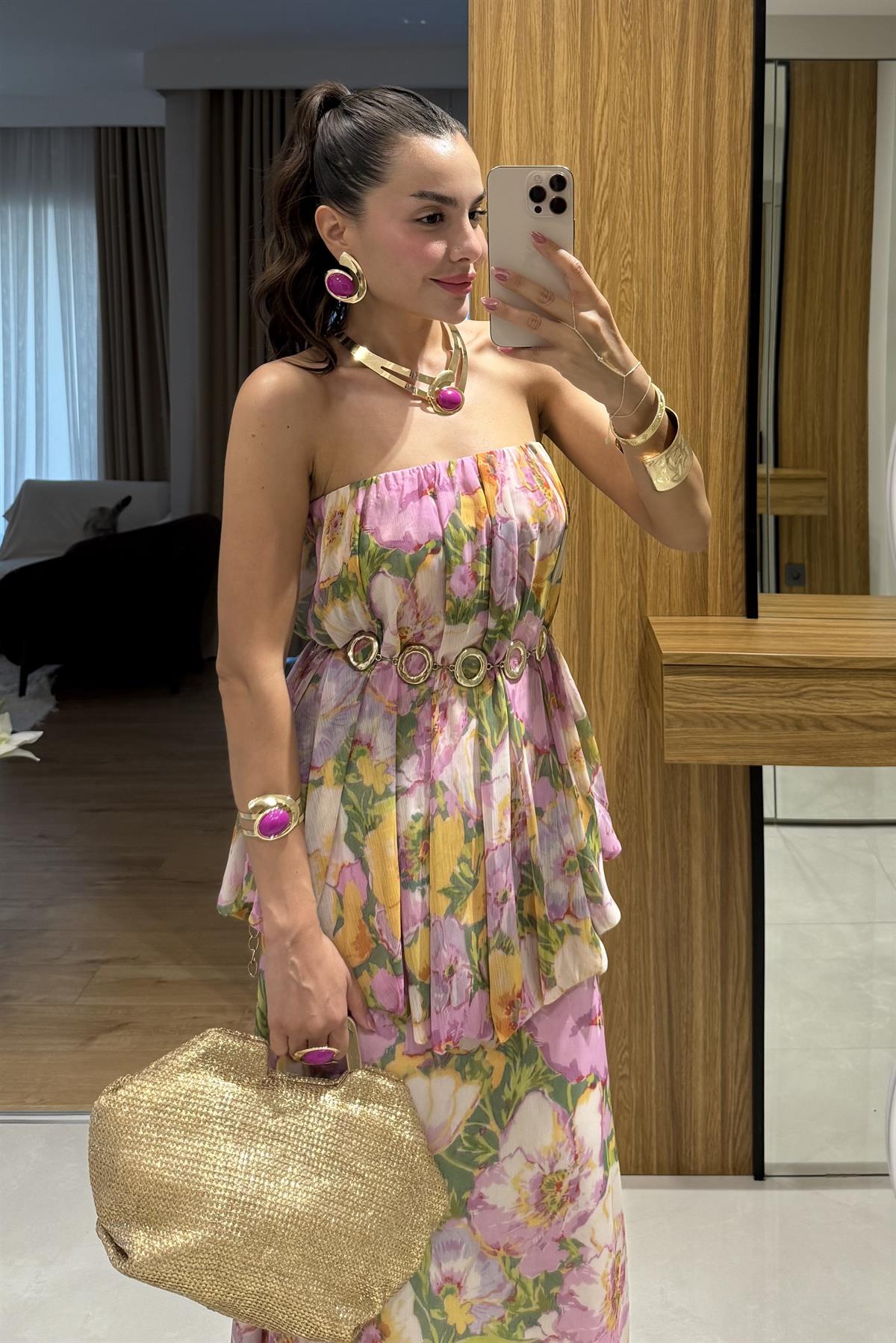 Princes Pembe Çiçek Desenli Katlı Elbise 