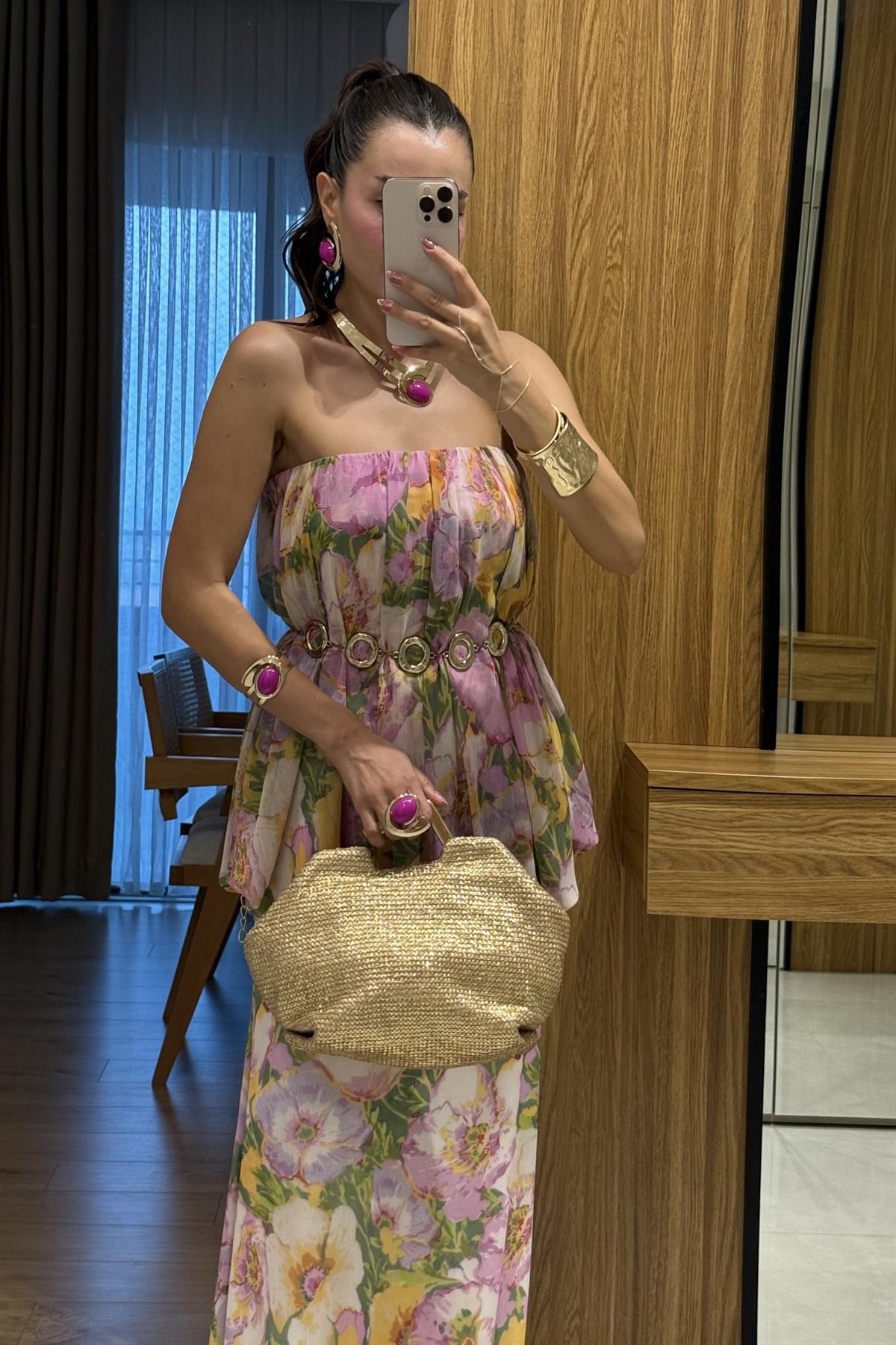 Princes Pembe Çiçek Desenli Katlı Elbise 