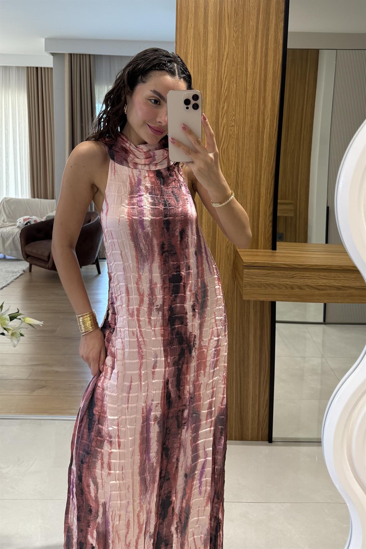 Prisha Pembe Kırinkıl Saten Astarlı Elbise